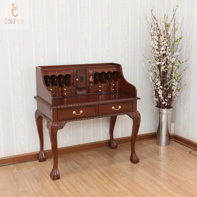 Chippendale Styled Escritoire Desk Bureau Solid Mahogany Antique Reproduction CasaFenix