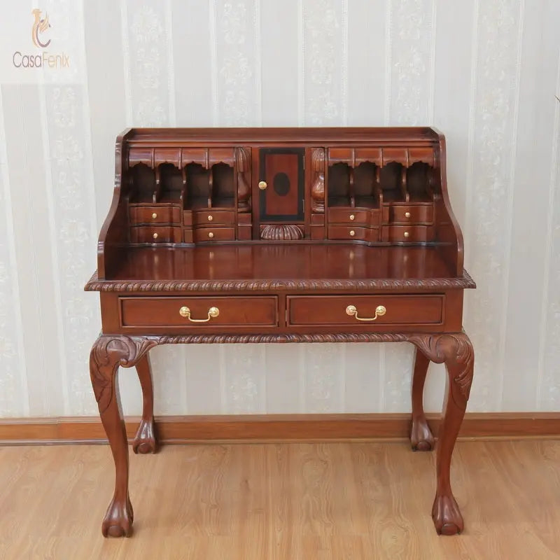 Chippendale Styled Escritoire Desk Bureau Solid Mahogany Antique Reproduction CasaFenix