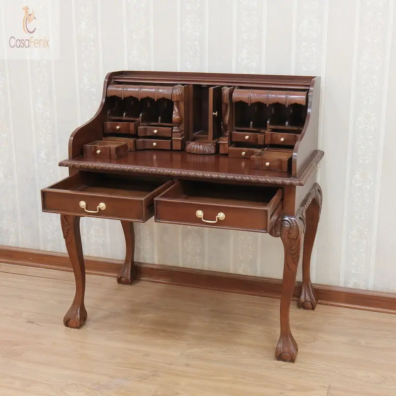 Chippendale Styled Escritoire Desk Bureau Solid Mahogany Antique Reproduction CasaFenix