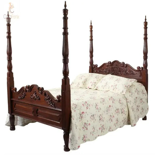 Colonial Four Poster Bed Carved Solid Mahogany Hand Made Super Quality - CasaFenix