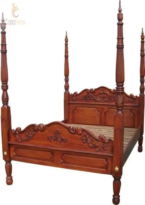 Colonial Four Poster Bed Carved Solid Mahogany Hand Made Super Quality - CasaFenix