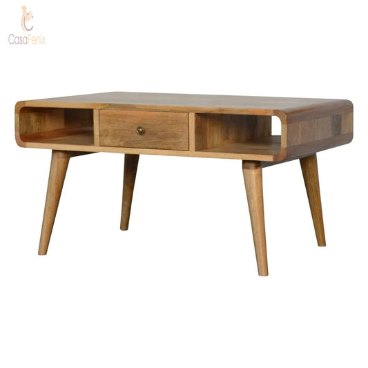 Curved Oak-ish 2 Drawer Coffee Table Solid Wood - CasaFenix
