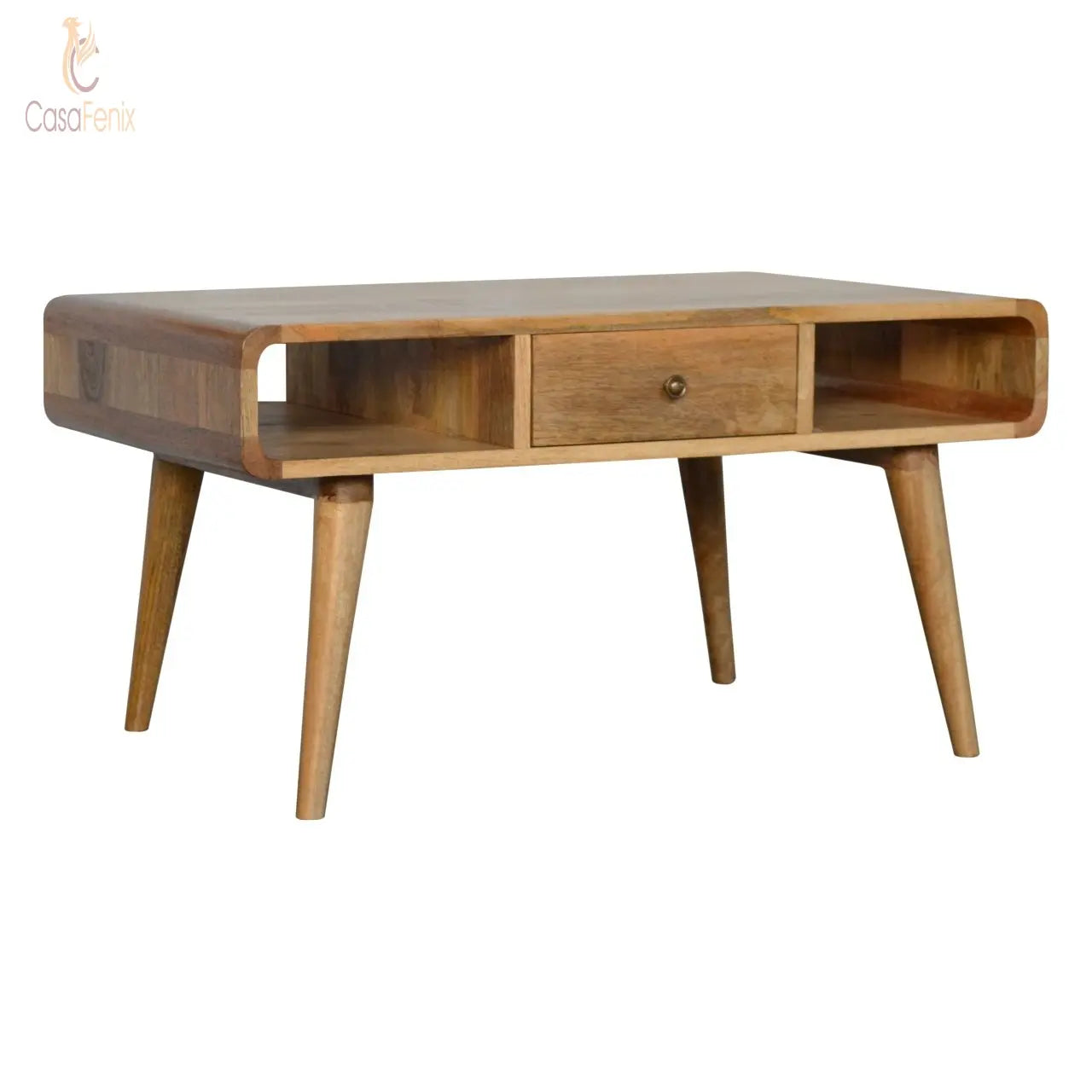 Curved Oak-ish 2 Drawer Coffee Table Solid Wood - CasaFenix
