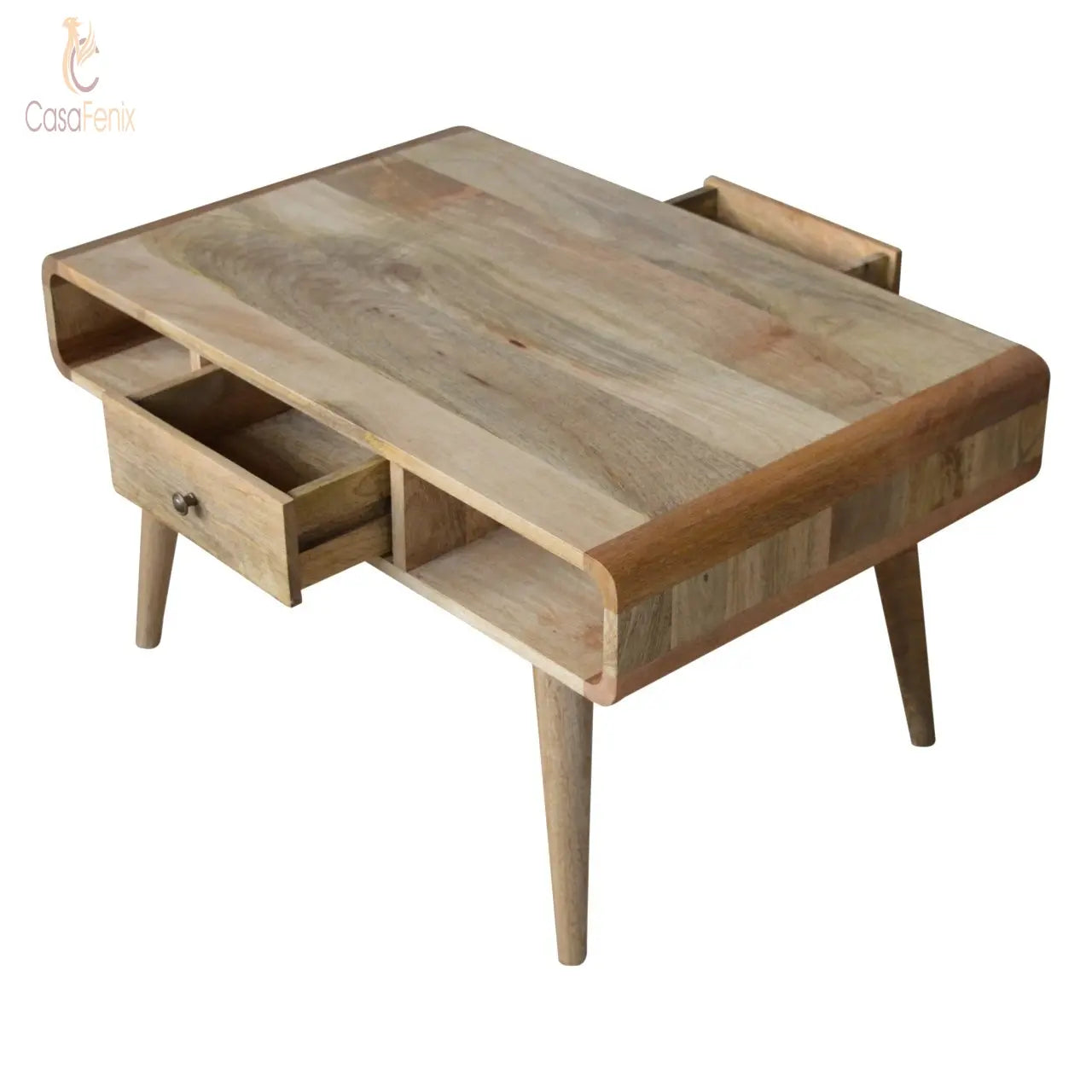 Curved Oak-ish 2 Drawer Coffee Table Solid Wood - CasaFenix