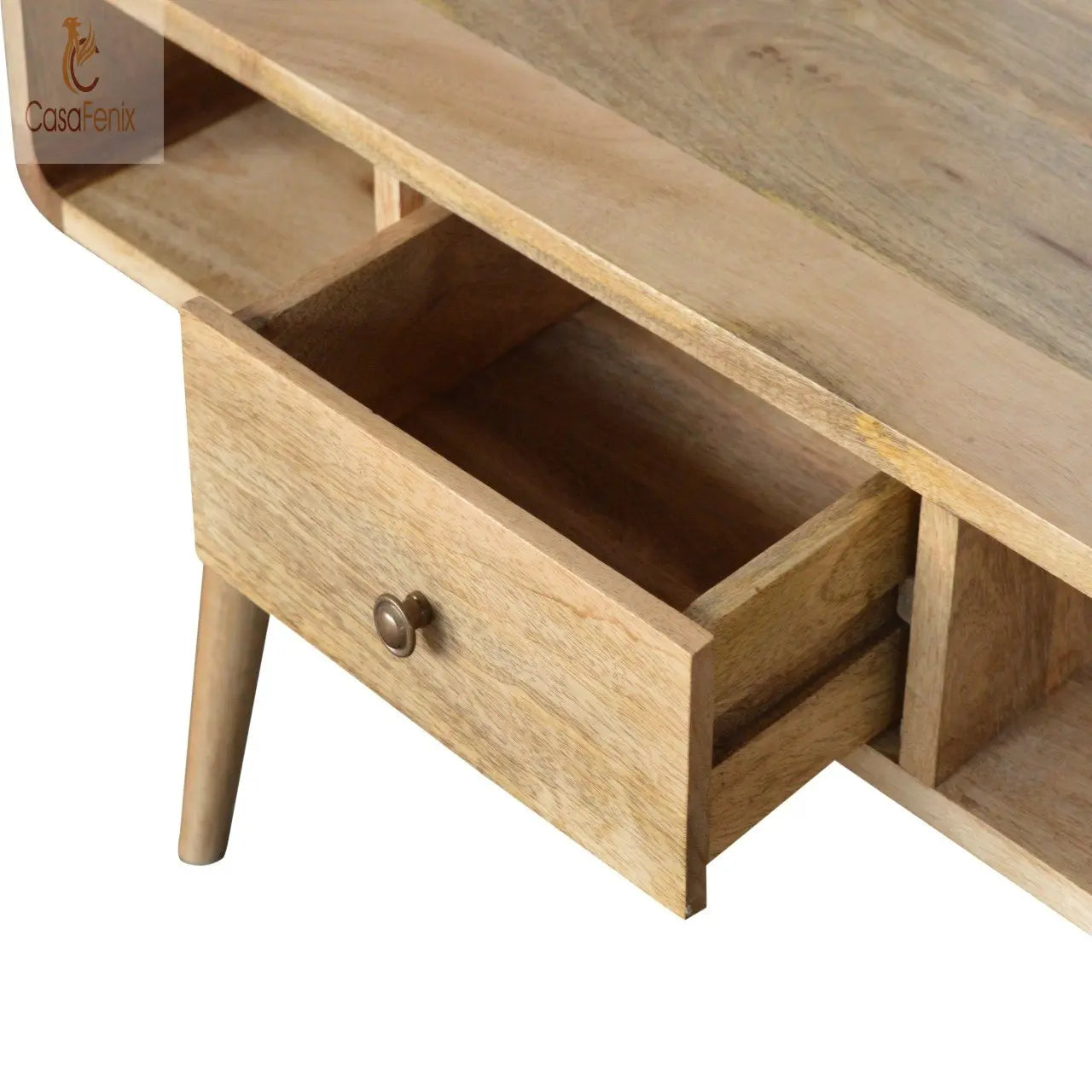 Curved Oak-ish 2 Drawer Coffee Table Solid Wood - CasaFenix