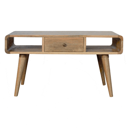 Curved Oak-ish 2 Drawer Coffee Table Solid Wood Coffee Tables CasaFenix