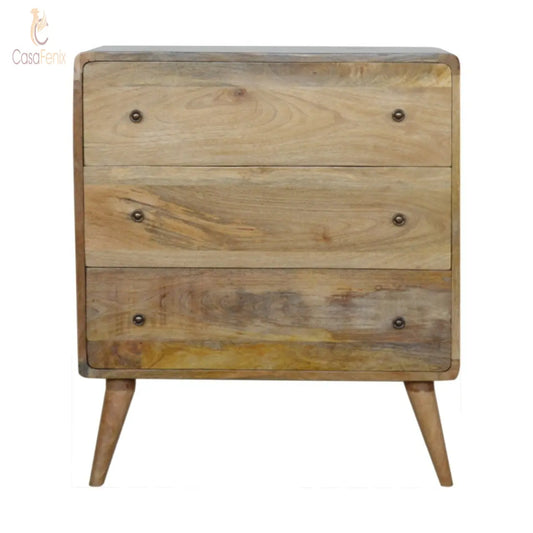 Curved Oak-ish Chest 3 Drawers Solid Wood On Legs - CasaFenix