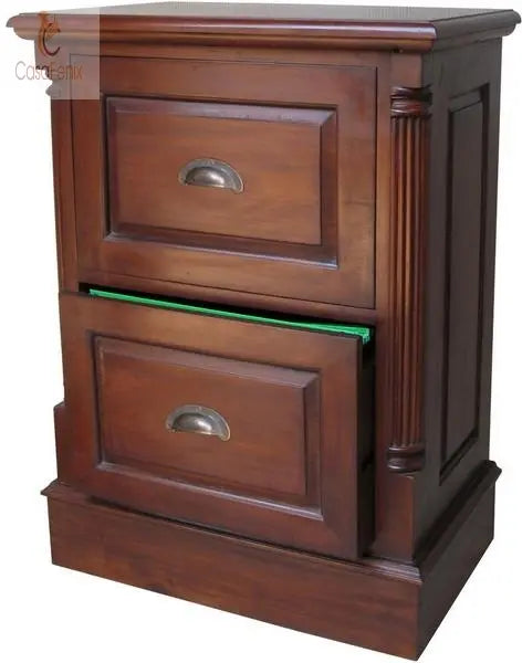 Deep 2 Drawer Solid Mahogany Filing Cabinet with Cup Handles Column Georgian Collection - CasaFenix
