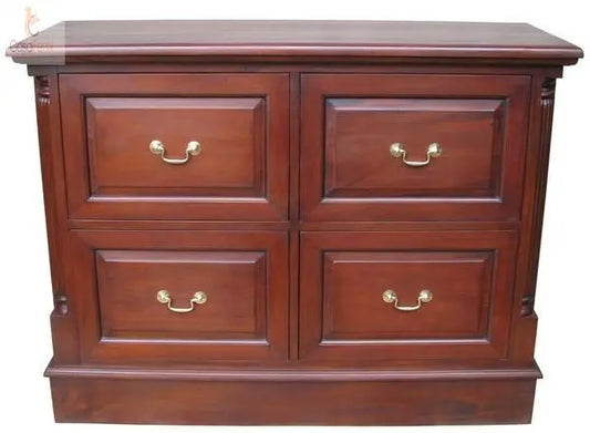 Deep 4 Drawer Solid Mahogany Filing Cabinet  solid Brass Swan Neck handles Column Georgian Collection - CasaFenix