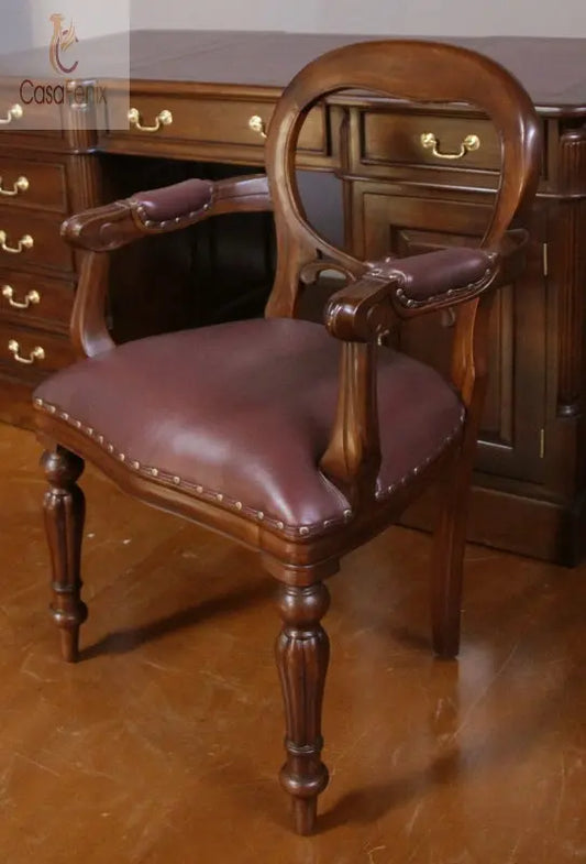 Mahogany & Leather Office / Dining Chair Dutch Carver Antique Style Reproduction CasaFenix