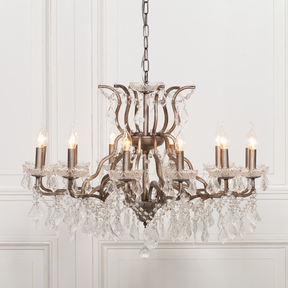 Antiqued Silver 12 Branch Shallow Cut Glass Chandelier Chandelier CasaFenix