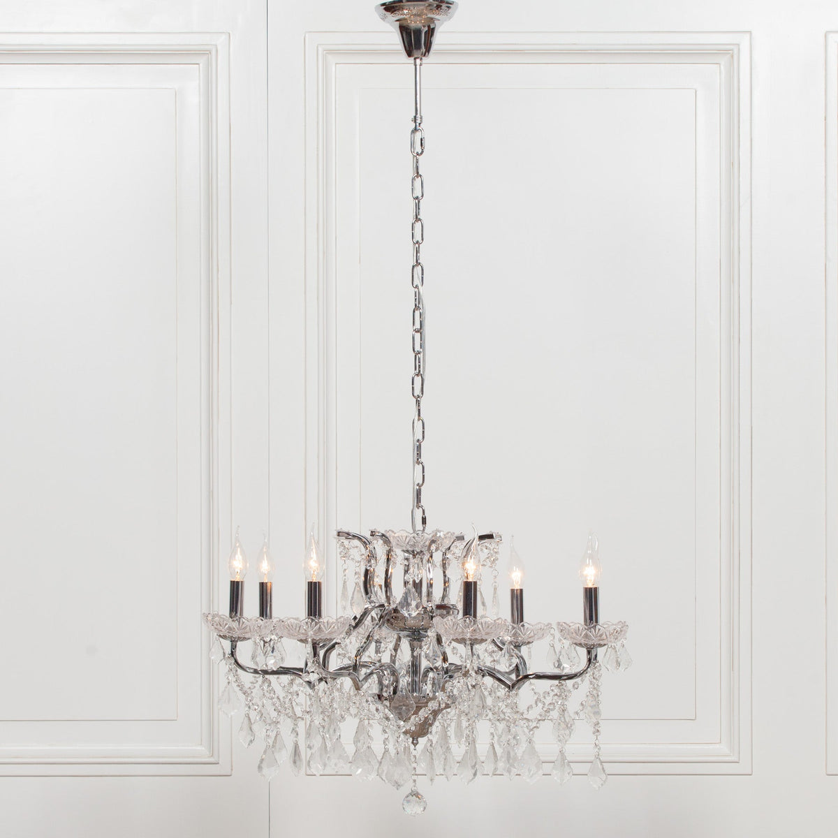 Chrome 8-Branch Cut Glass Chandelier — 76cm Wide Chandelier CasaFenix