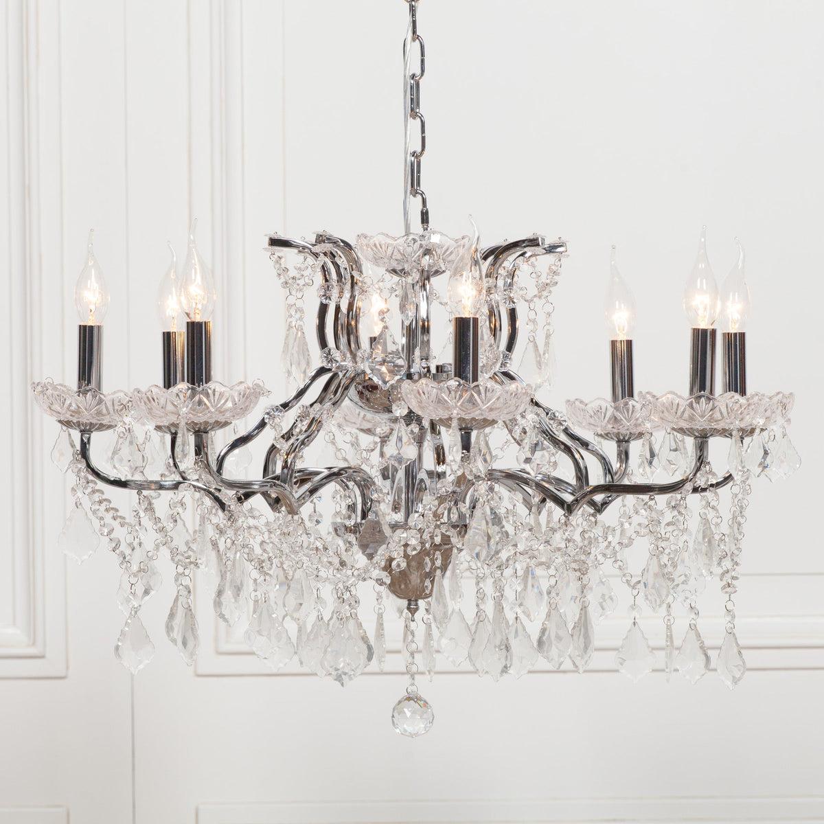 Chrome 8-Branch Cut Glass Chandelier — 76cm Wide Chandelier CasaFenix