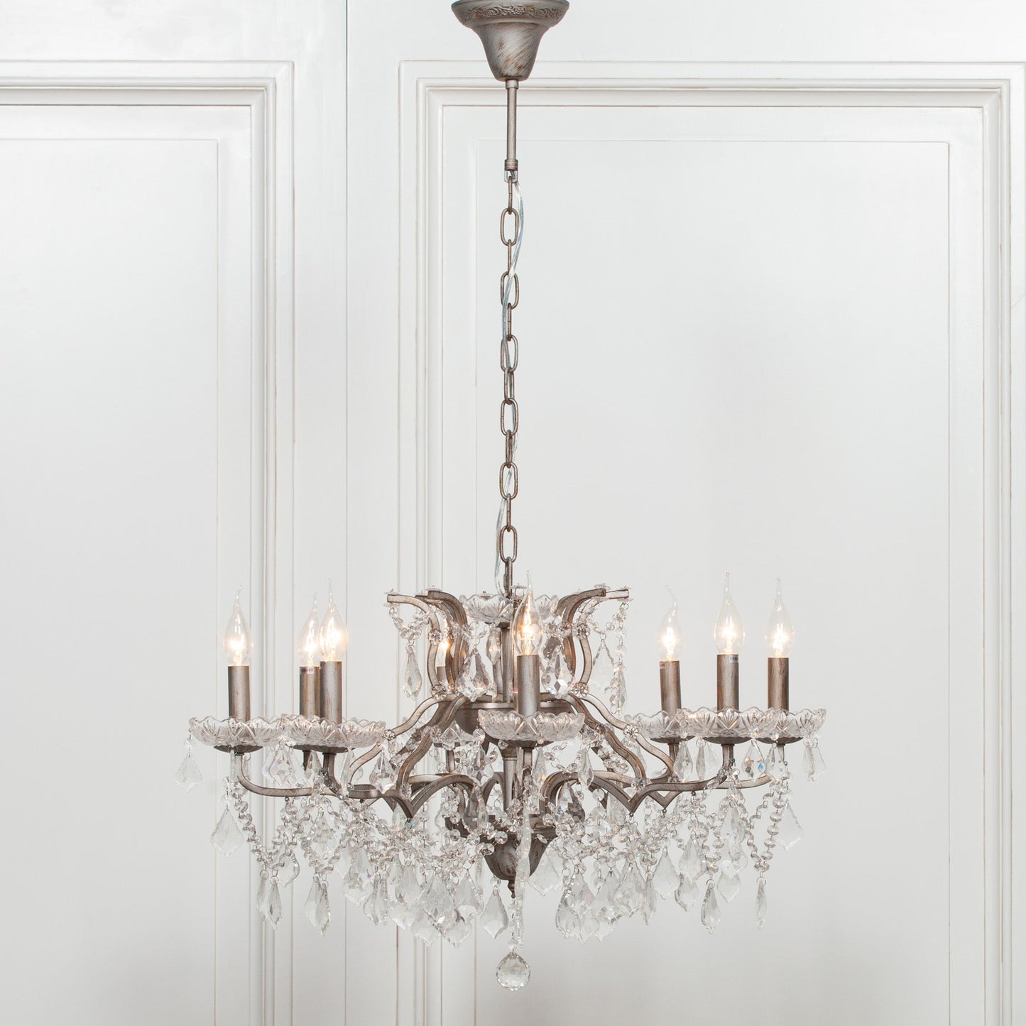 Antique Silver 8-Branch French-Style Shallow Cut Glass Chandelier Chandelier CasaFenix