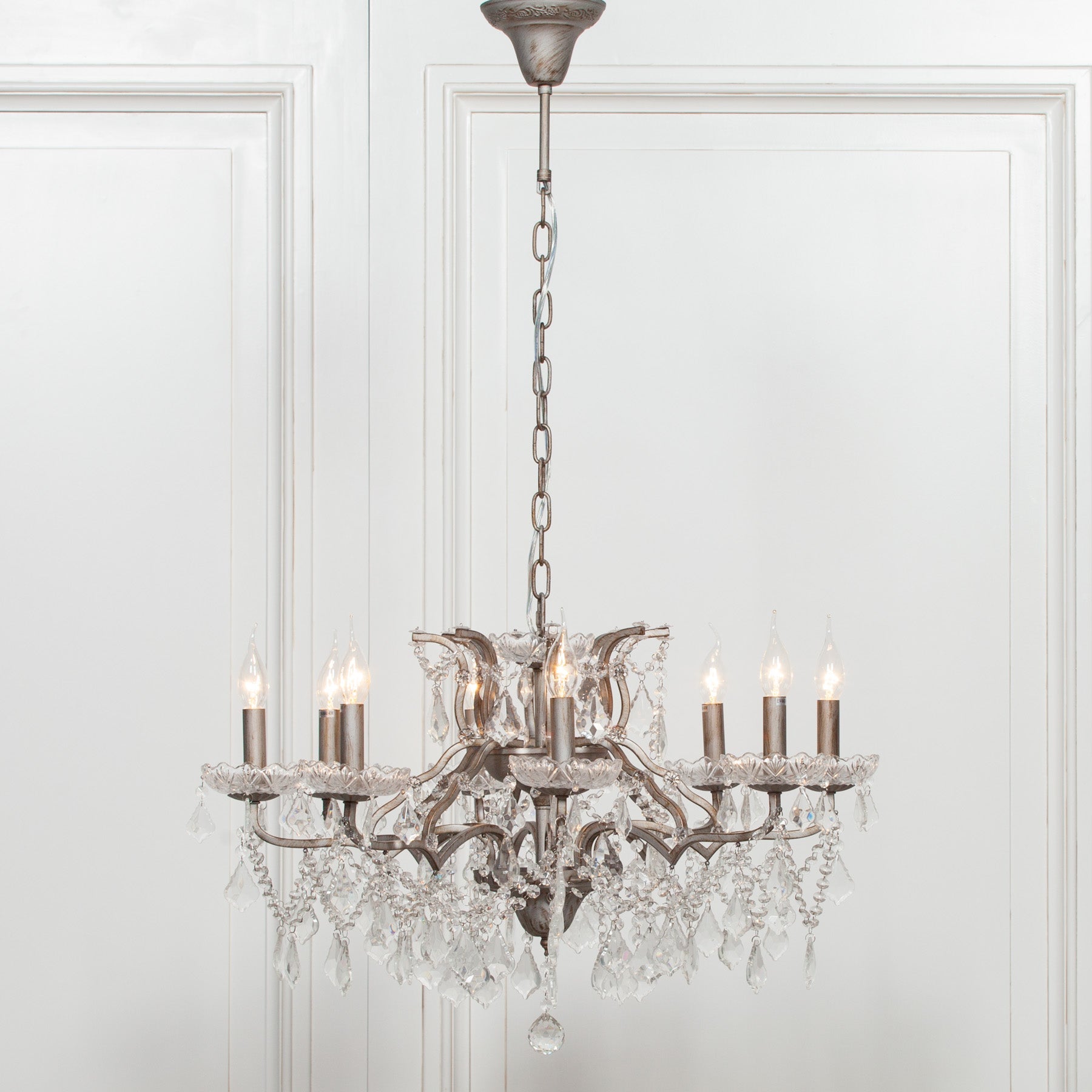 Antique Silver 8-Branch French-Style Shallow Cut Glass Chandelier Chandelier CasaFenix