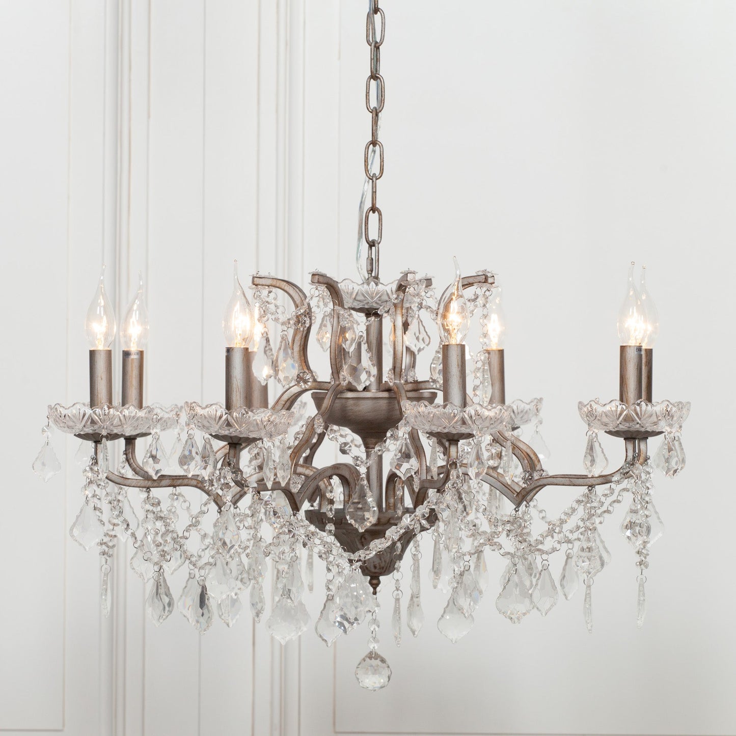 Antique Silver 8-Branch French-Style Shallow Cut Glass Chandelier Chandelier CasaFenix