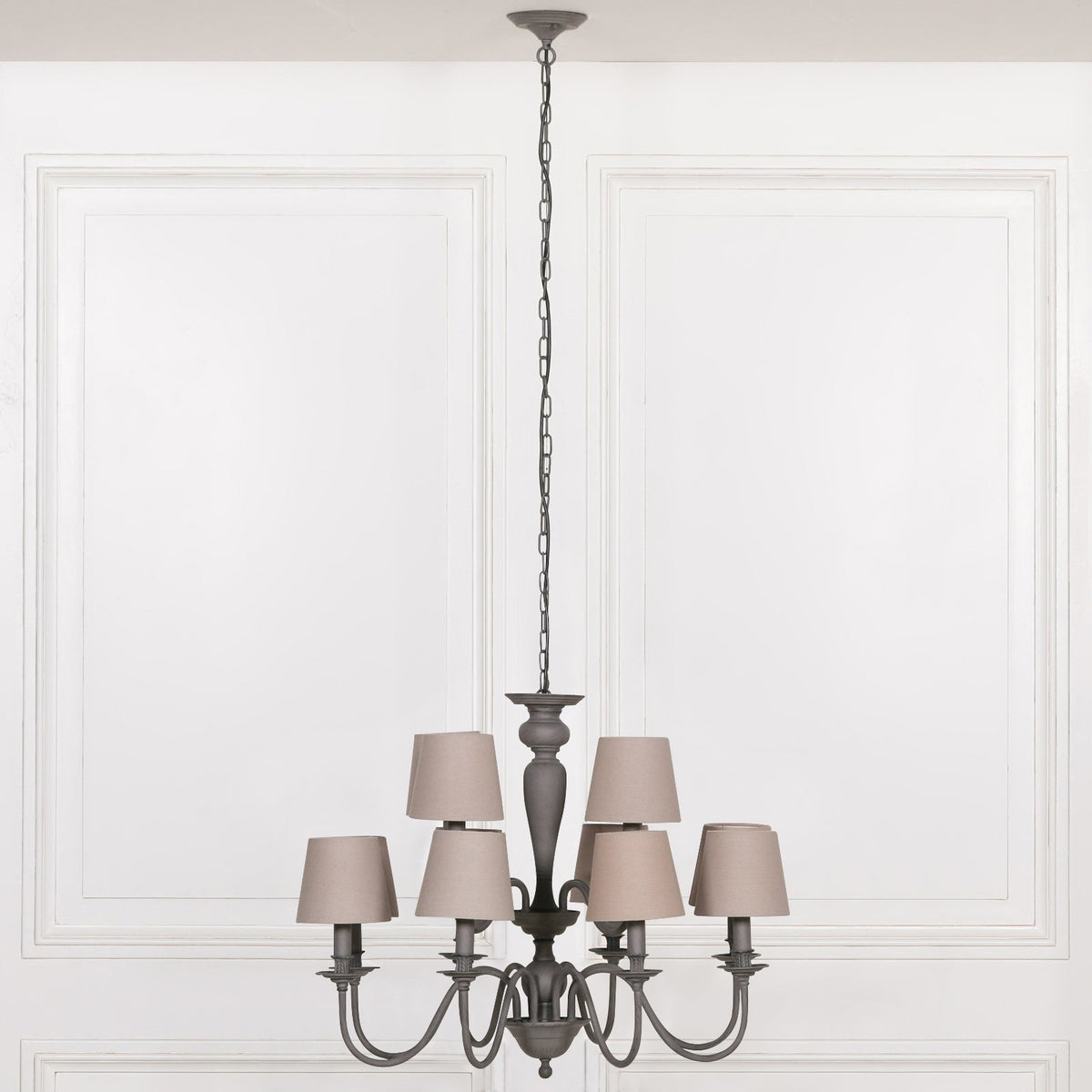 Grey 12-Branch Chandelier with Grey Shades — 86cm Wide Chandelier CasaFenix