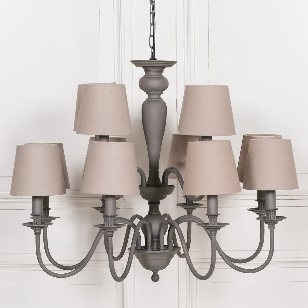 Grey 12-Branch Chandelier with Grey Shades — 86cm Wide Chandelier CasaFenix