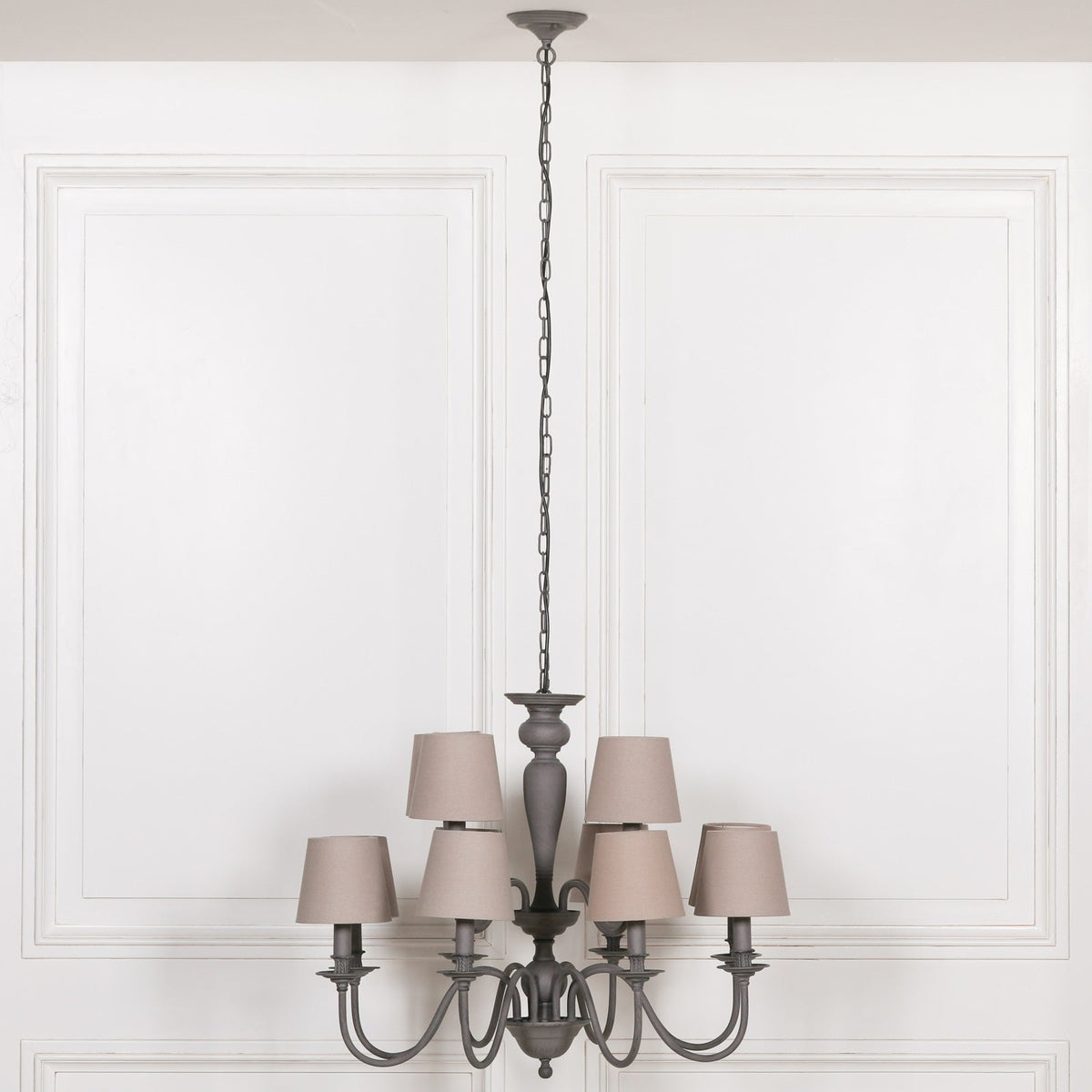 Grey 12-Branch Chandelier with Grey Shades — 86cm Wide Chandelier CasaFenix