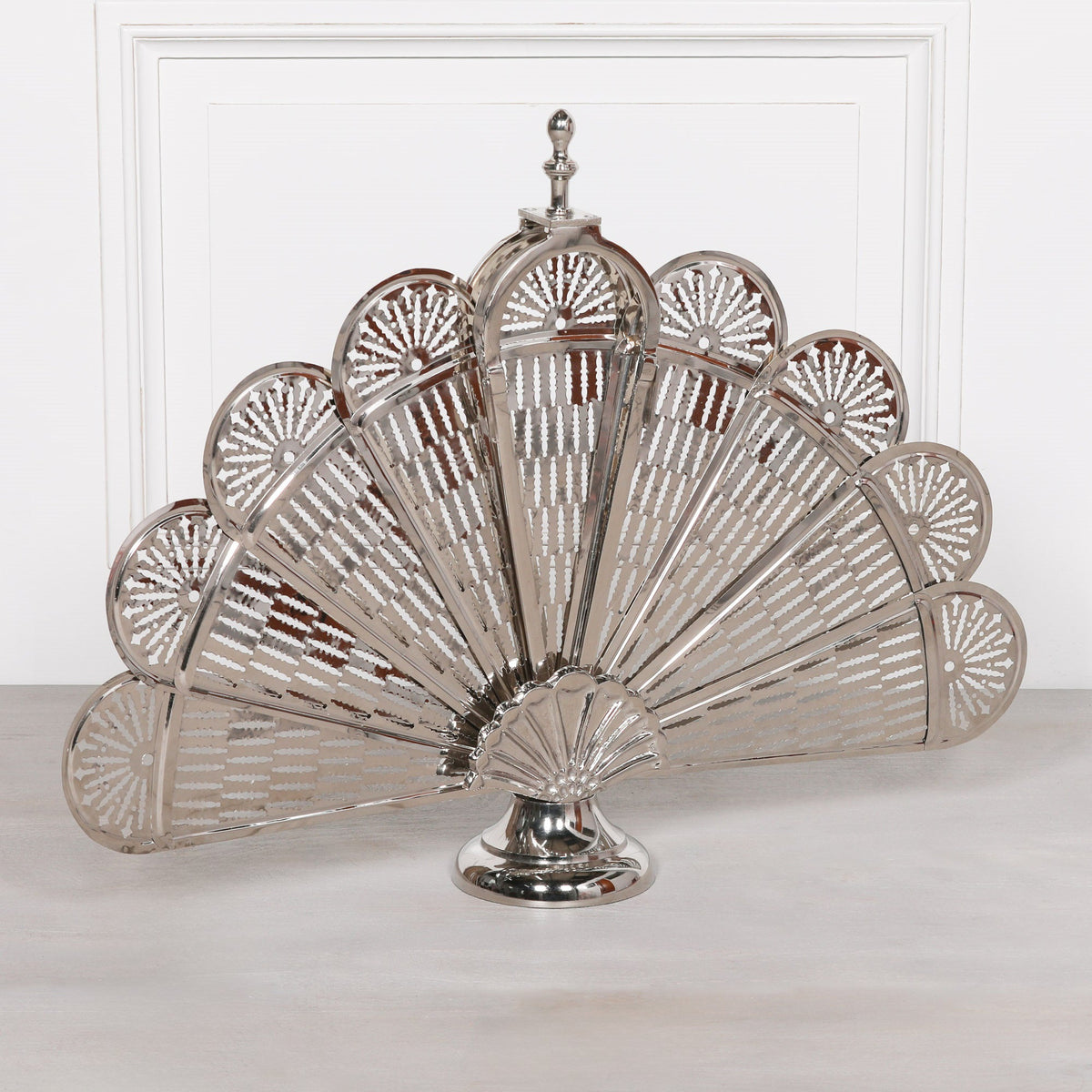 Chrome Fan-Style Folding Fire Screen in Cast Aluminium Fire Screen CasaFenix