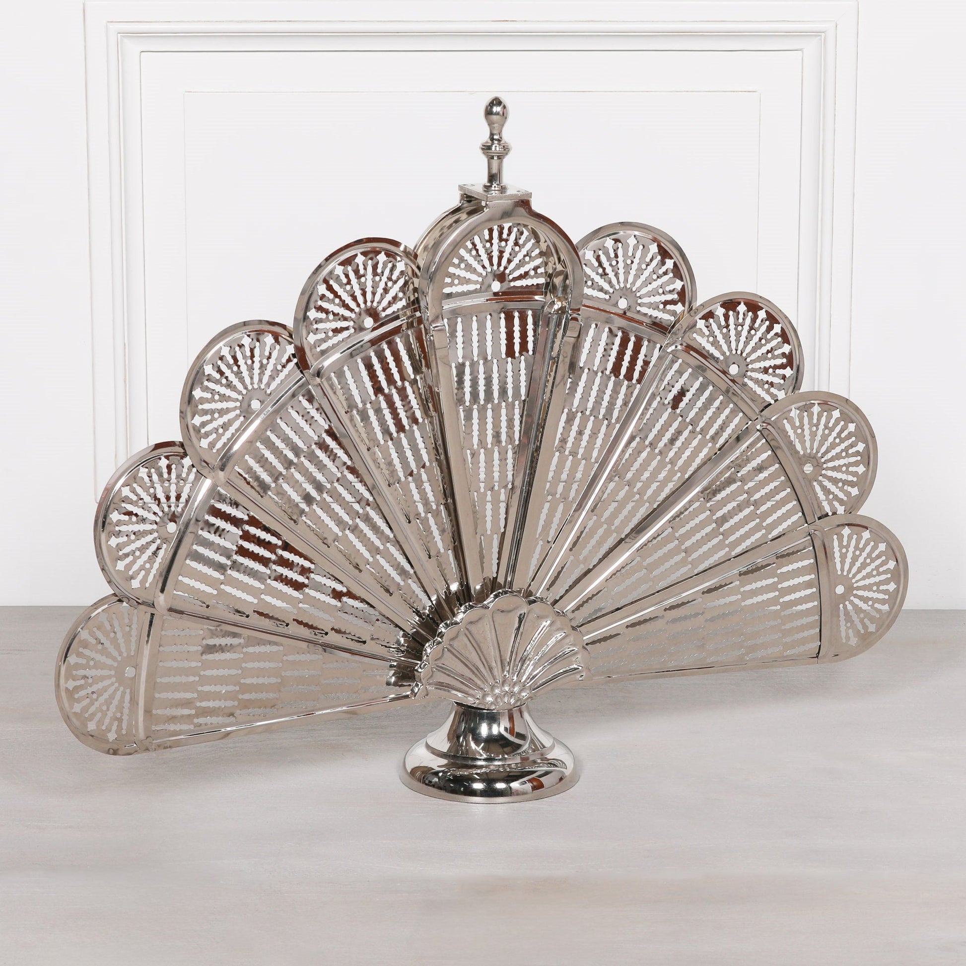 Chrome Fan-Style Folding Fire Screen in Cast Aluminium Fire Screen CasaFenix