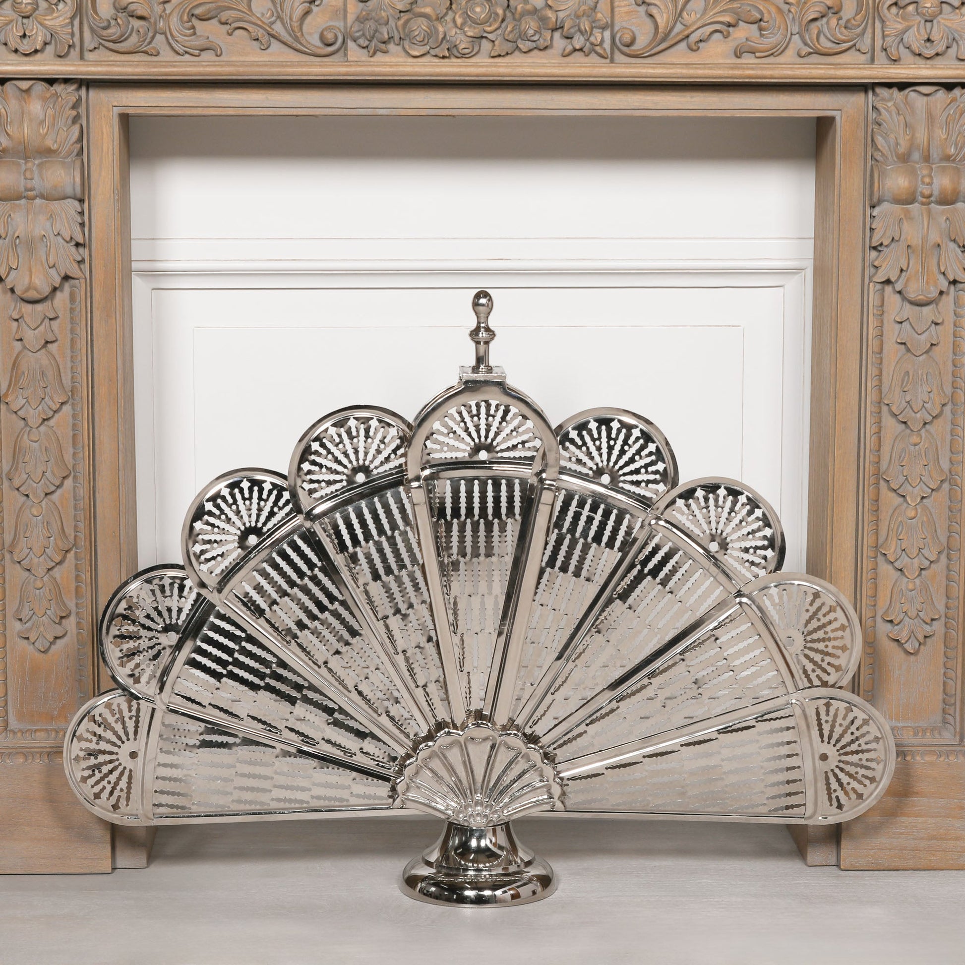 Chrome Fan-Style Folding Fire Screen in Cast Aluminium Fire Screen CasaFenix