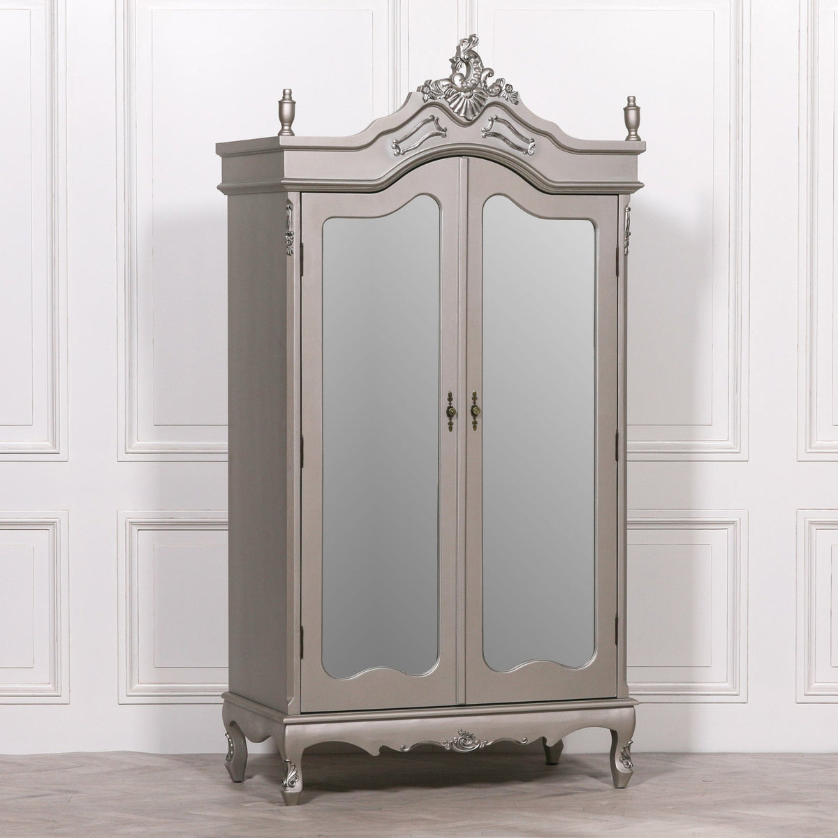 French Antique Silver Double Mirrored Door Armoire Armoire CasaFenix