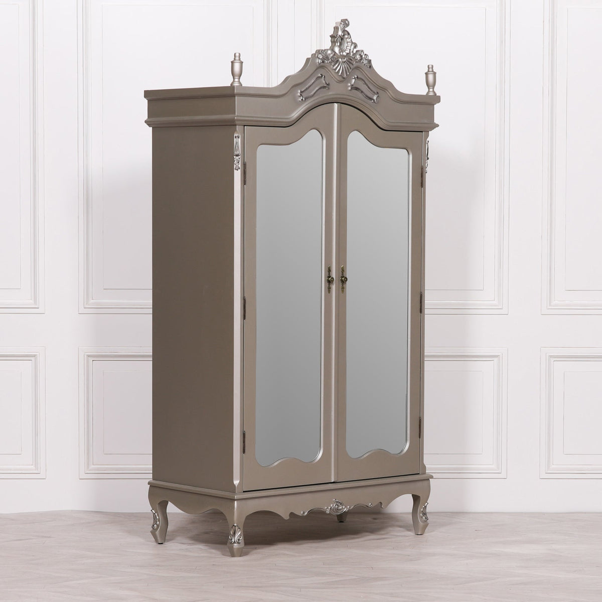French Antique Silver Double Mirrored Door Armoire Armoire CasaFenix