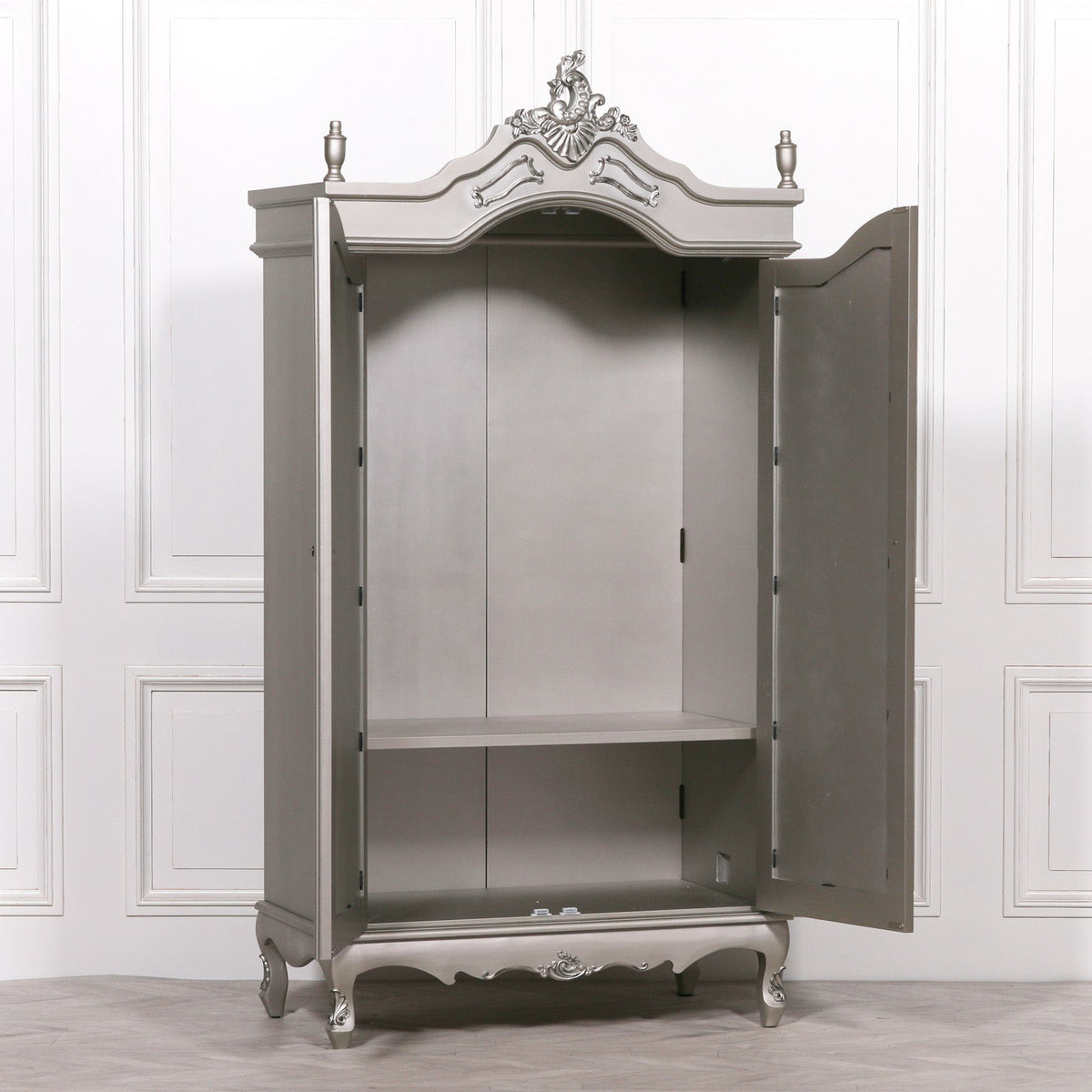 French Antique Silver Double Mirrored Door Armoire Armoire CasaFenix