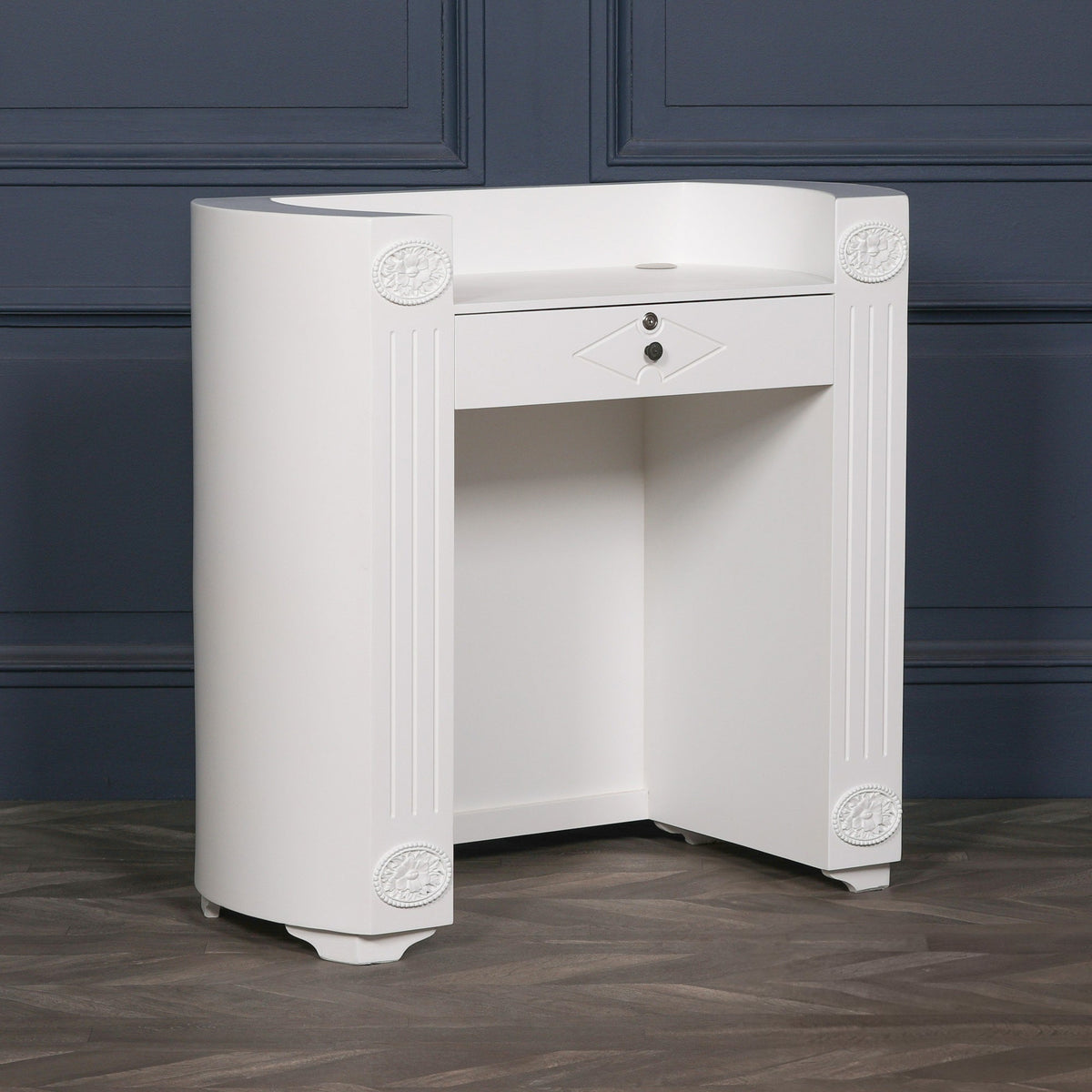 White Carved French Style Writing Desk with Lockable Drawer Desk CasaFenix