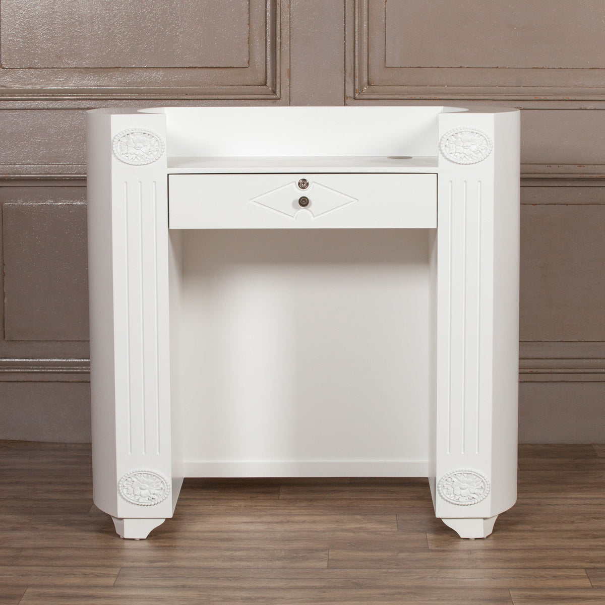 White Carved French Style Writing Desk with Lockable Drawer Desk CasaFenix