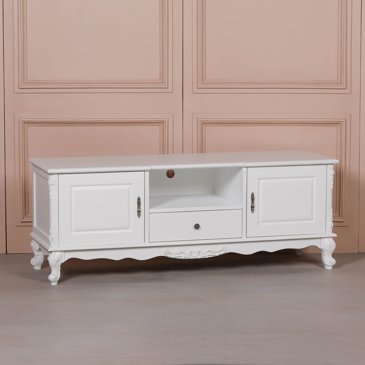 French Rococo White Carved TV Cabinet with 2 Doors & Drawer Entertainment Centers & TV Stands CasaFenix