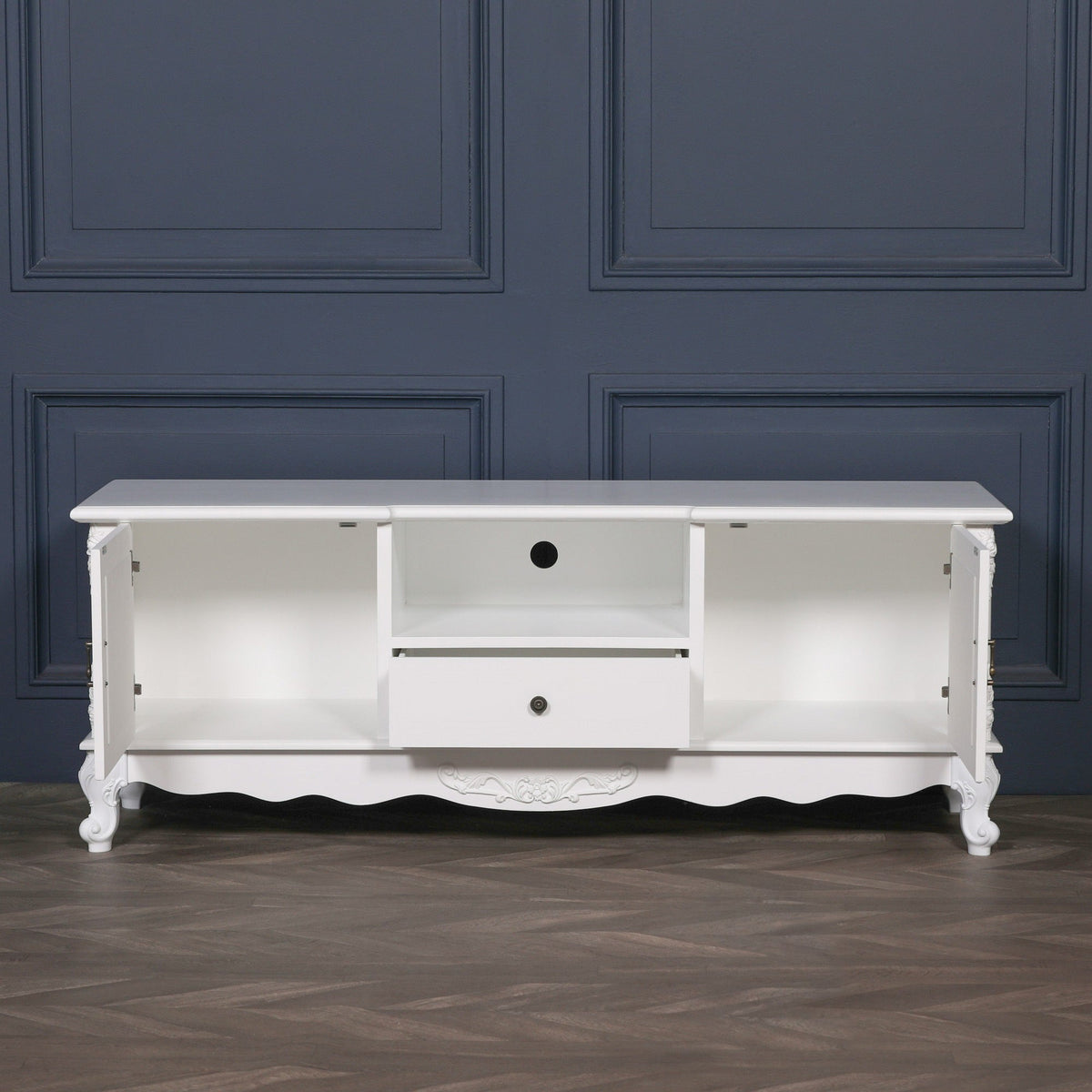 French Rococo White Carved TV Cabinet with 2 Doors & Drawer Entertainment Centers & TV Stands CasaFenix