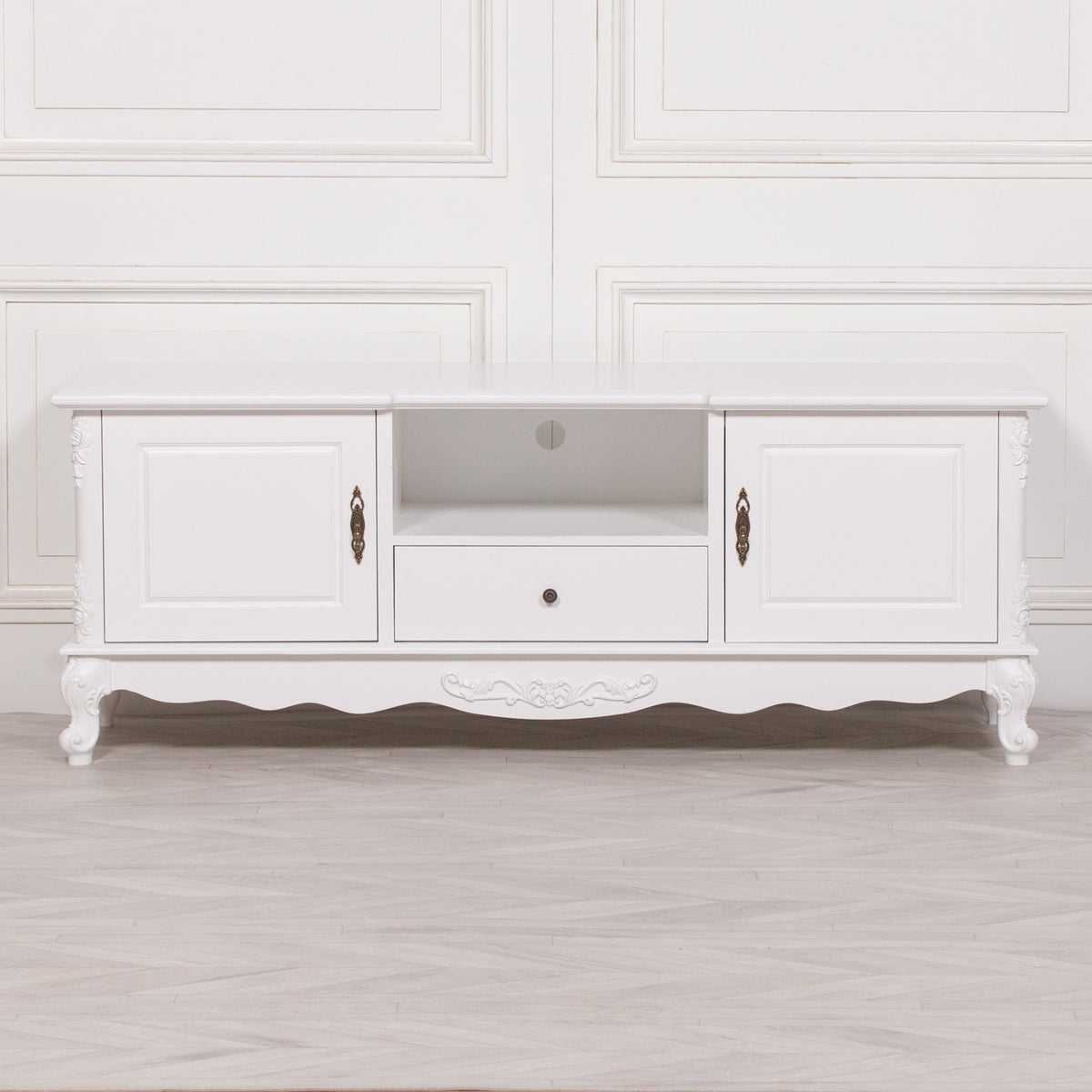 French Rococo White Carved TV Cabinet with 2 Doors & Drawer Entertainment Centers & TV Stands CasaFenix