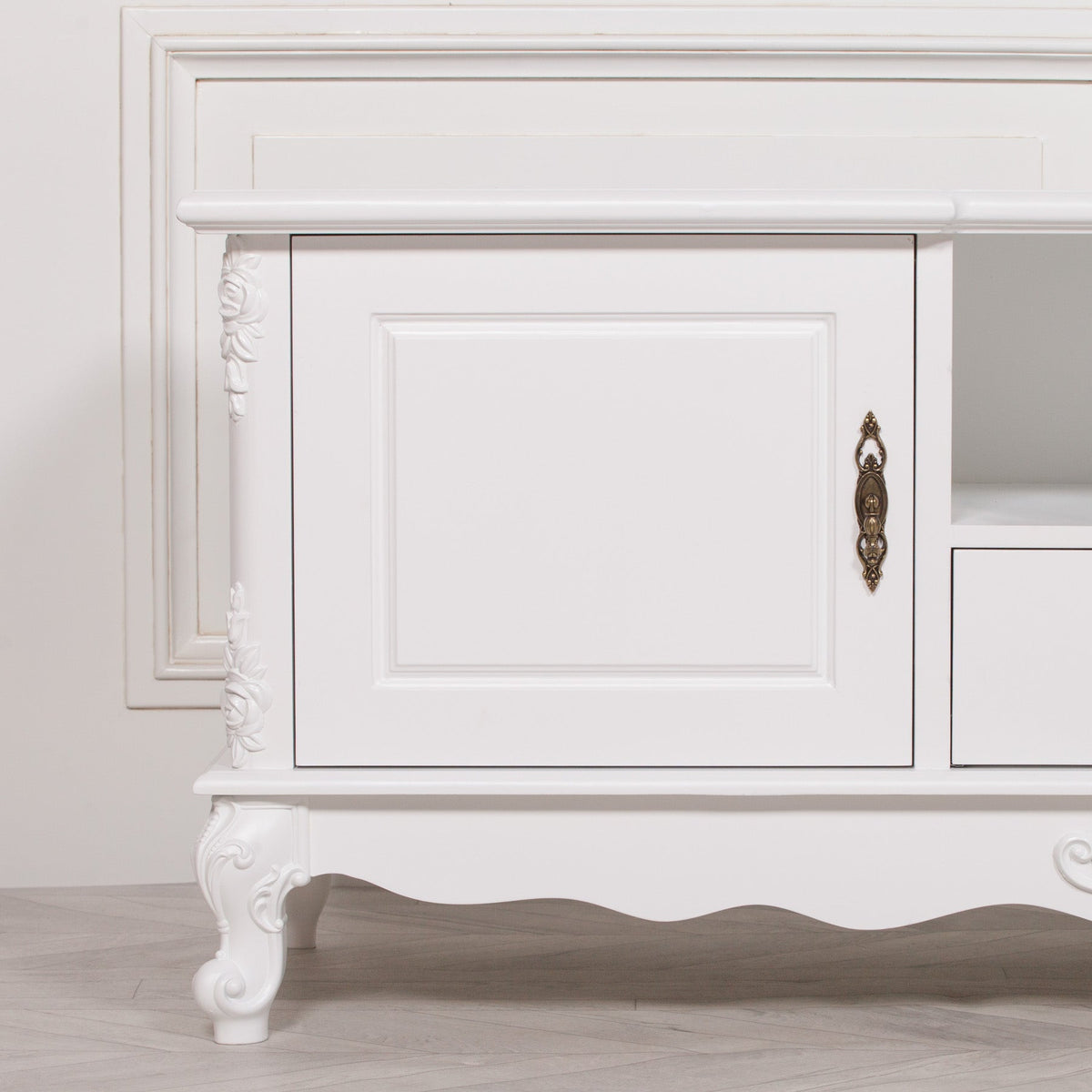 French Rococo White Carved TV Cabinet with 2 Doors & Drawer Entertainment Centers & TV Stands CasaFenix