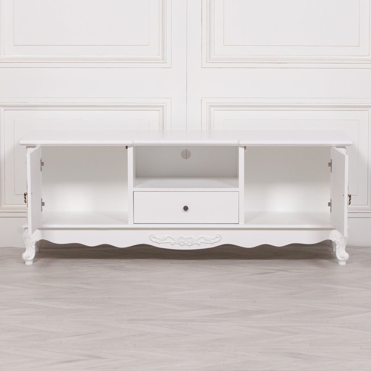 French Rococo White Carved TV Cabinet with 2 Doors & Drawer Entertainment Centers & TV Stands CasaFenix
