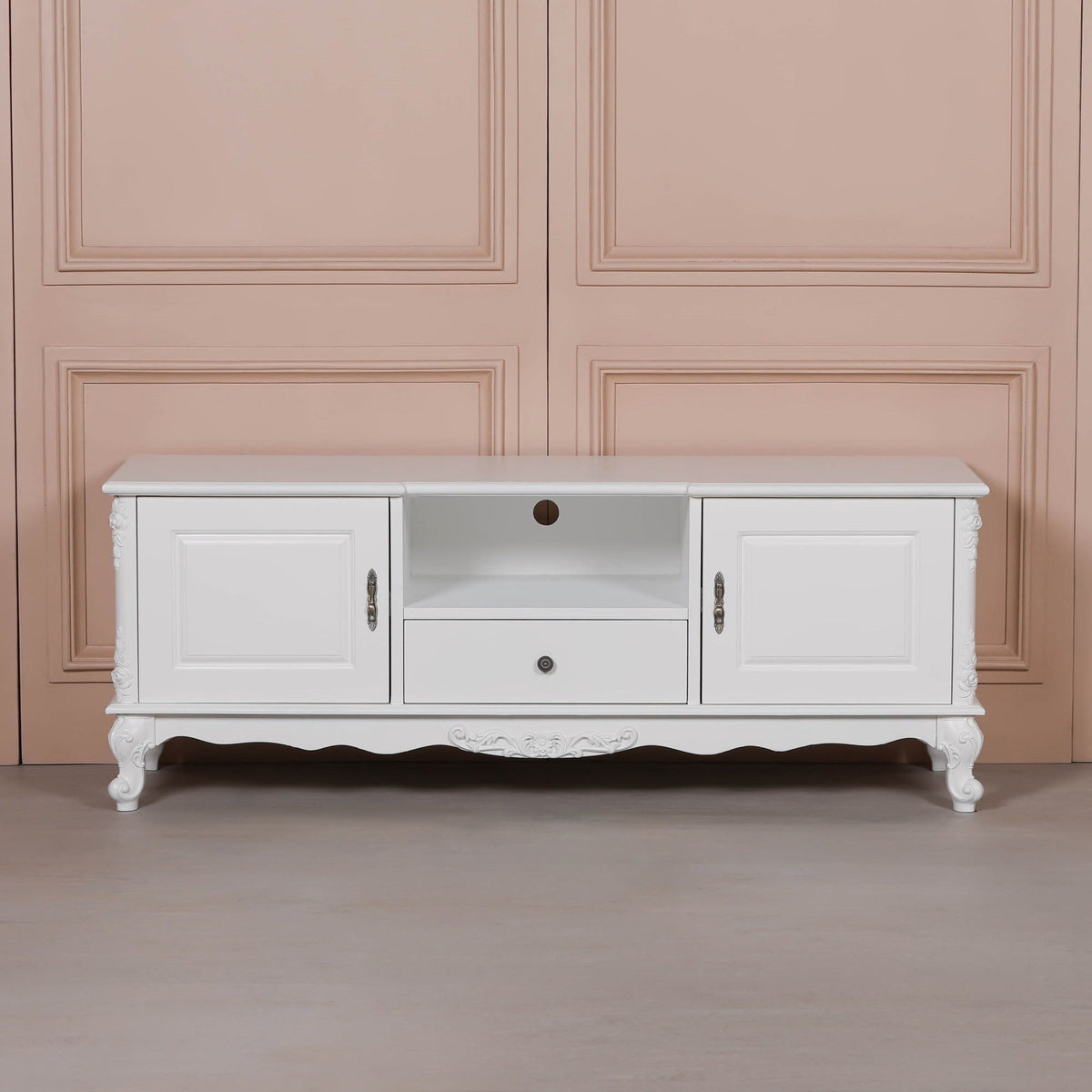 French Rococo White Carved TV Cabinet with 2 Doors & Drawer Entertainment Centers & TV Stands CasaFenix