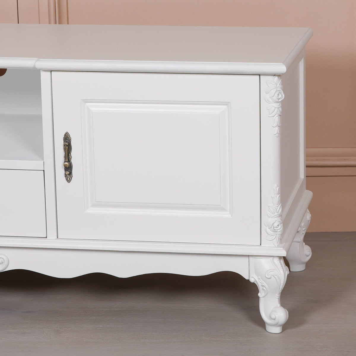 French Rococo White Carved TV Cabinet with 2 Doors & Drawer Entertainment Centers & TV Stands CasaFenix