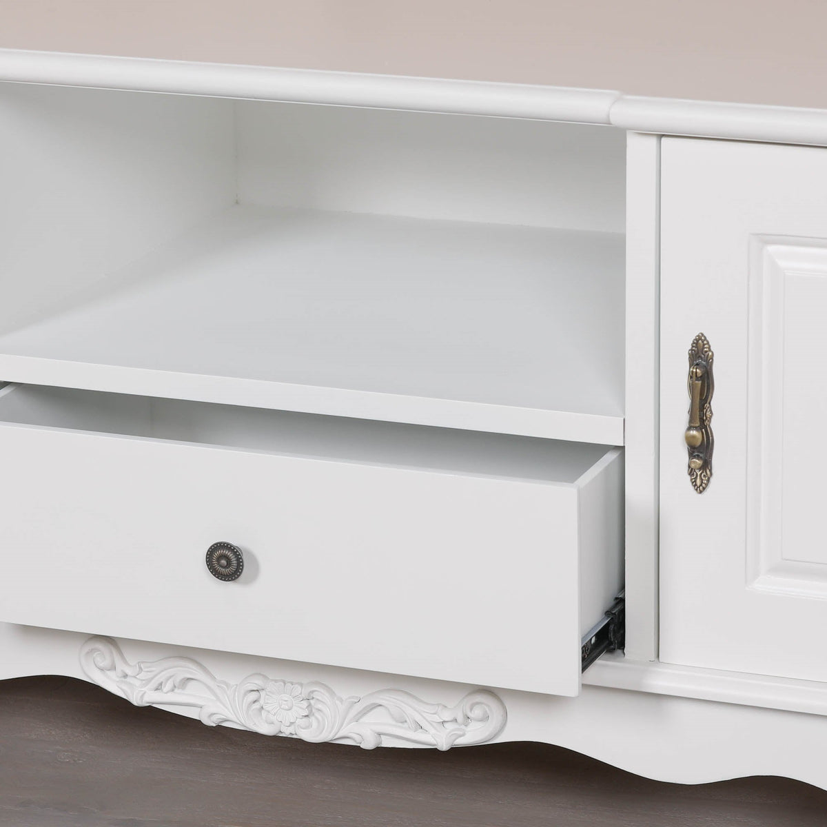 French Rococo White Carved TV Cabinet with 2 Doors & Drawer Entertainment Centers & TV Stands CasaFenix