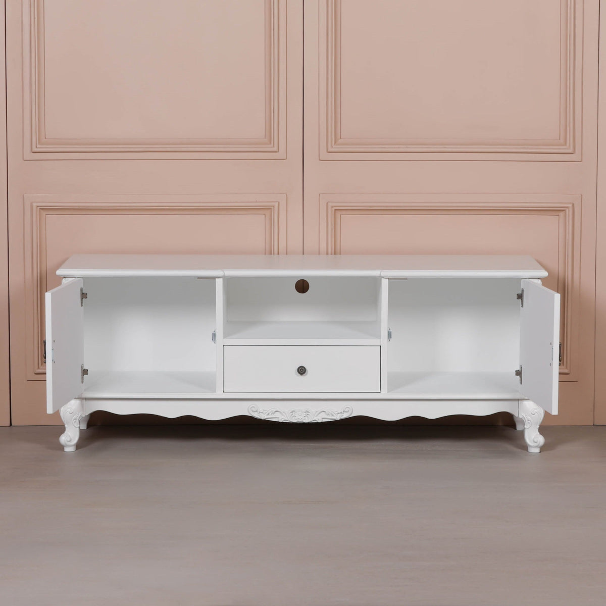 French Rococo White Carved TV Cabinet with 2 Doors & Drawer Entertainment Centers & TV Stands CasaFenix
