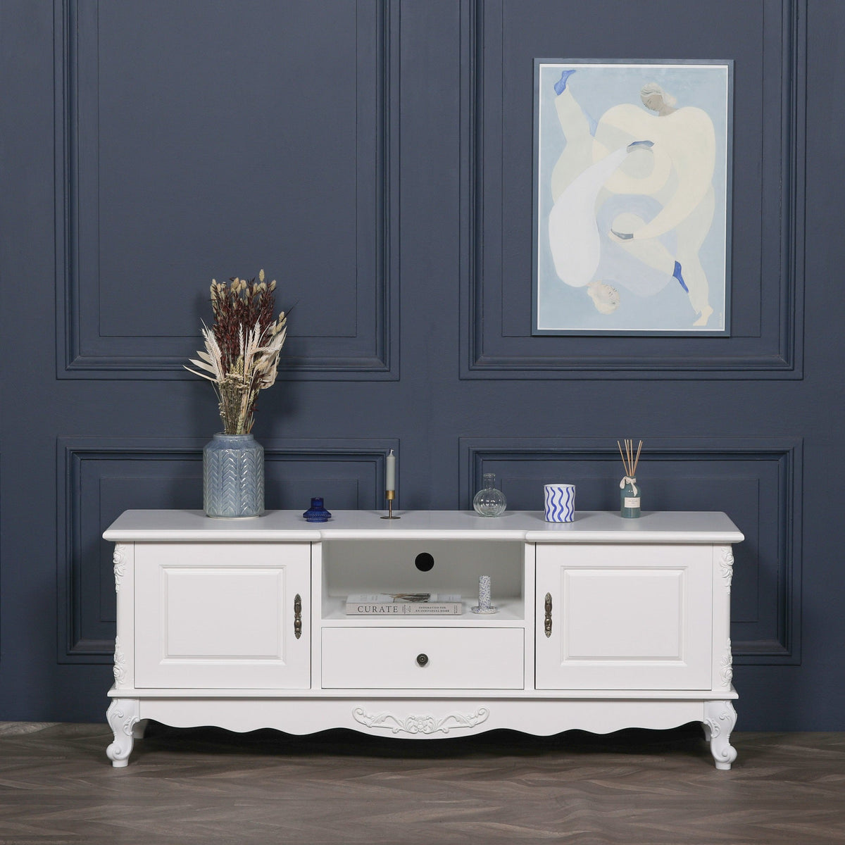 French Rococo White Carved TV Cabinet with 2 Doors & Drawer Entertainment Centers & TV Stands CasaFenix
