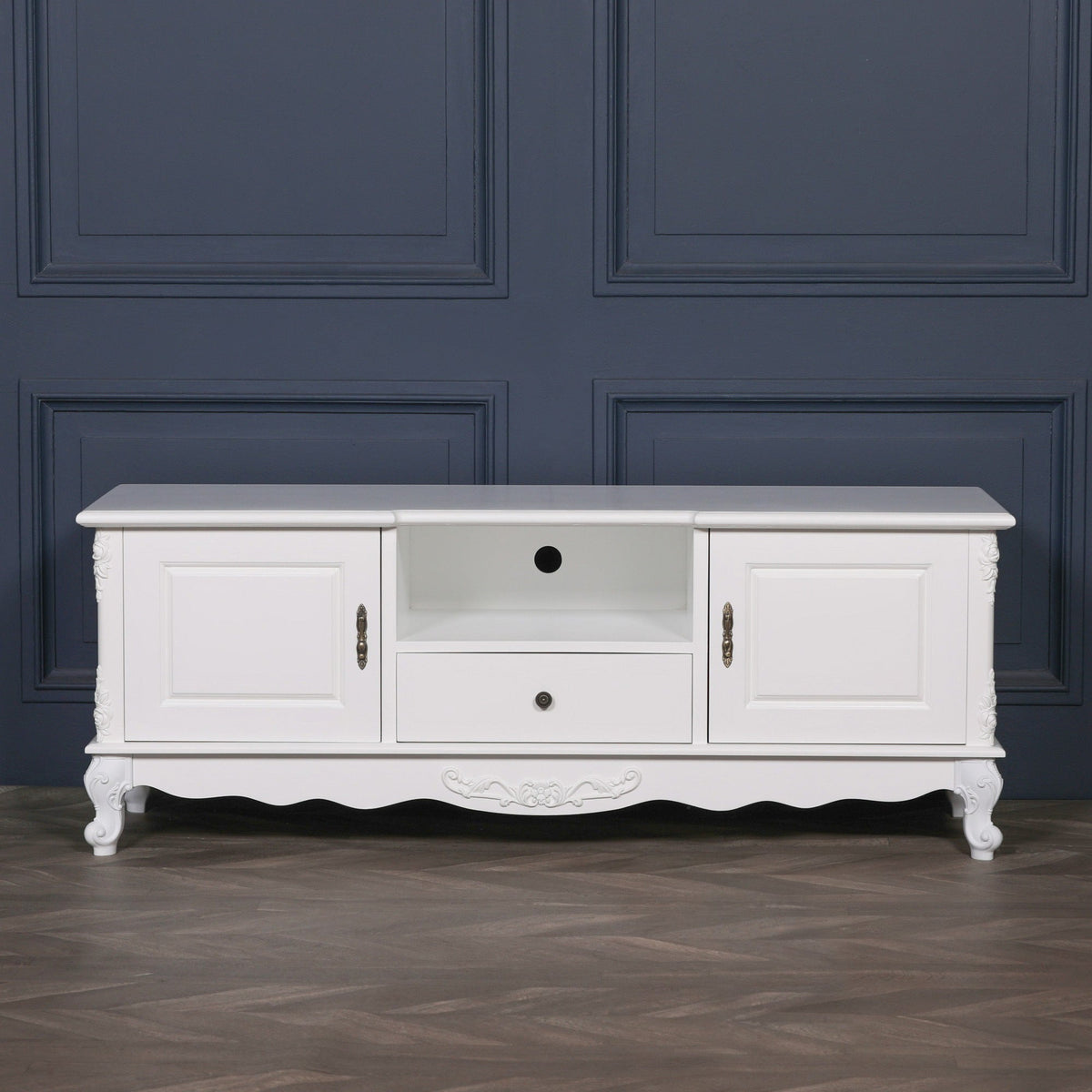 French Rococo White Carved TV Cabinet with 2 Doors & Drawer Entertainment Centers & TV Stands CasaFenix