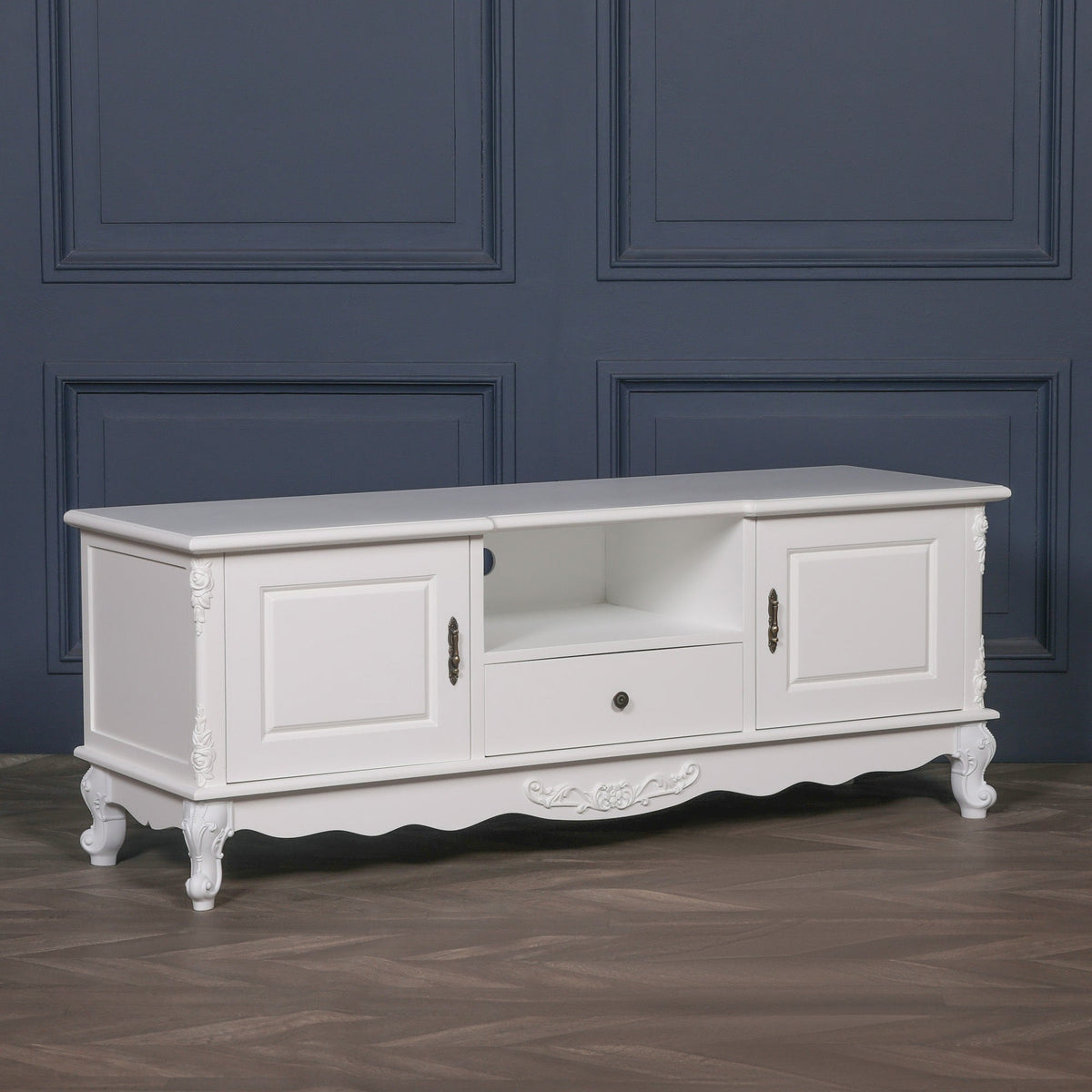 French Rococo White Carved TV Cabinet with 2 Doors & Drawer Entertainment Centers & TV Stands CasaFenix