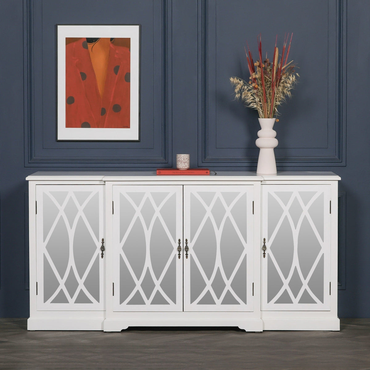 White Breakfront Sideboard with Mirrored 4-Door Ornate Front Buffets & Sideboards CasaFenix