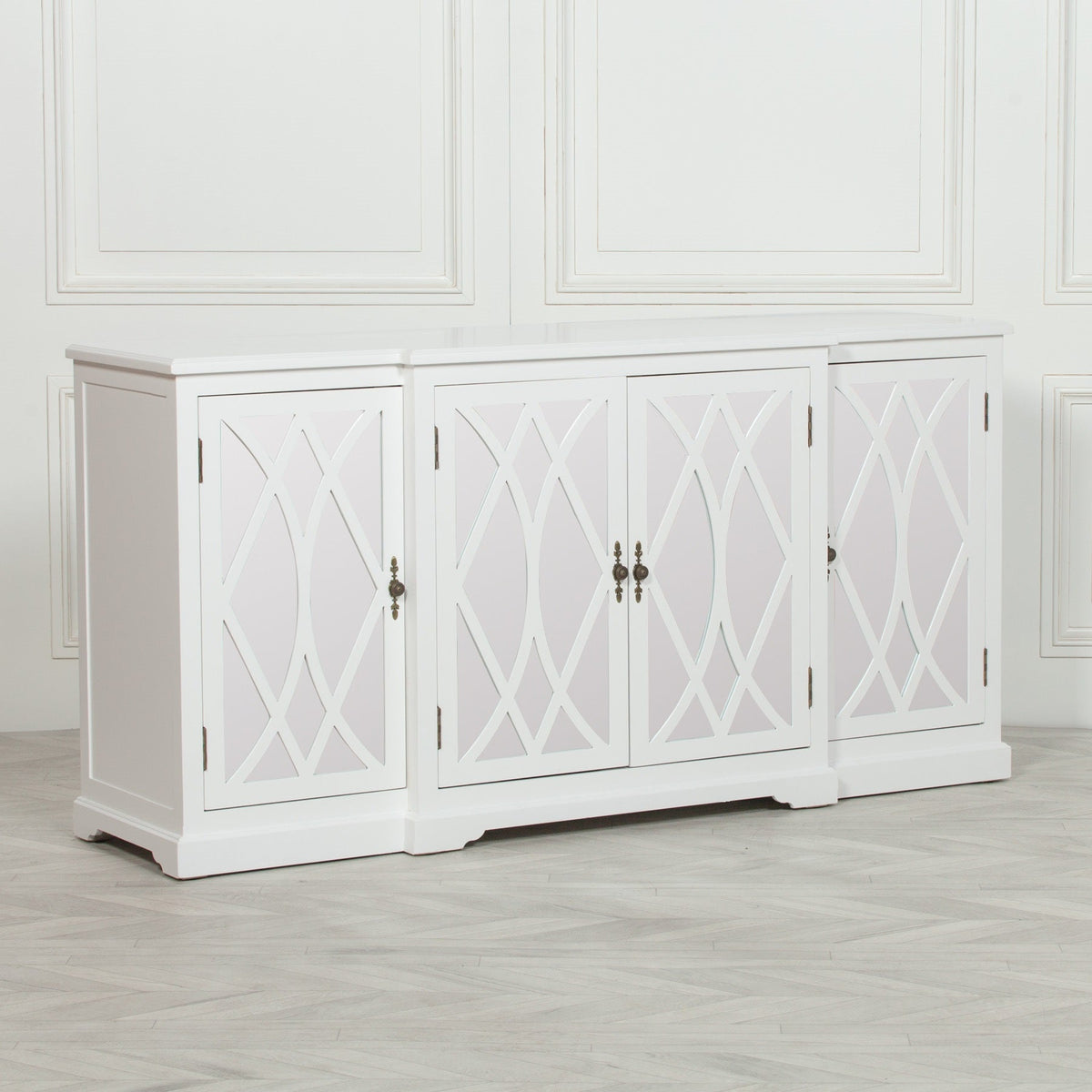 White Breakfront Sideboard with Mirrored 4-Door Ornate Front Buffets & Sideboards CasaFenix