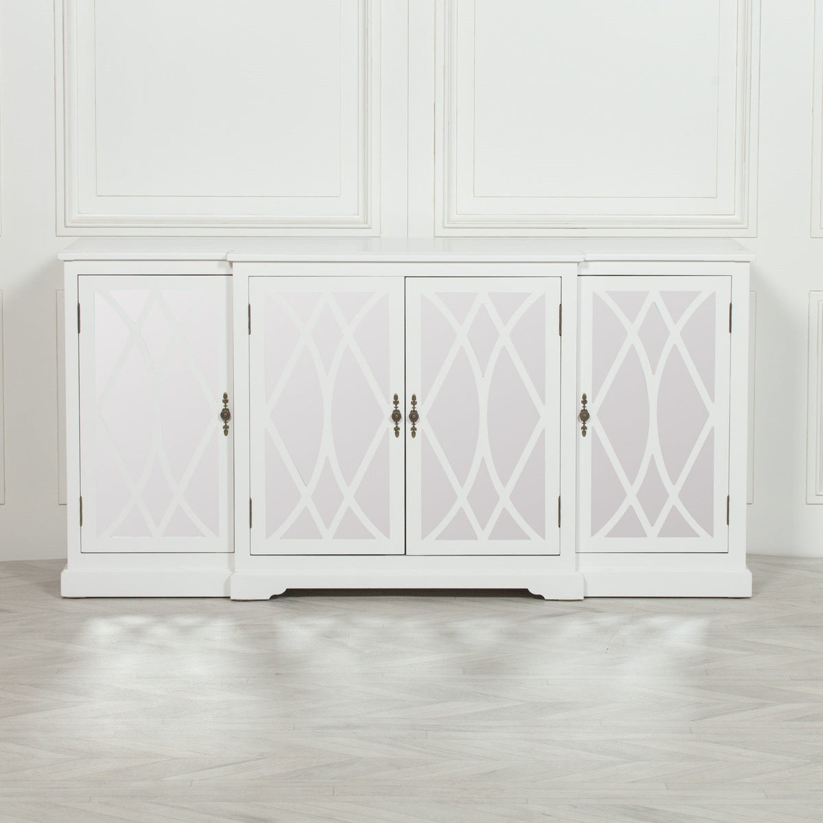 White Breakfront Sideboard with Mirrored 4-Door Ornate Front Buffets & Sideboards CasaFenix