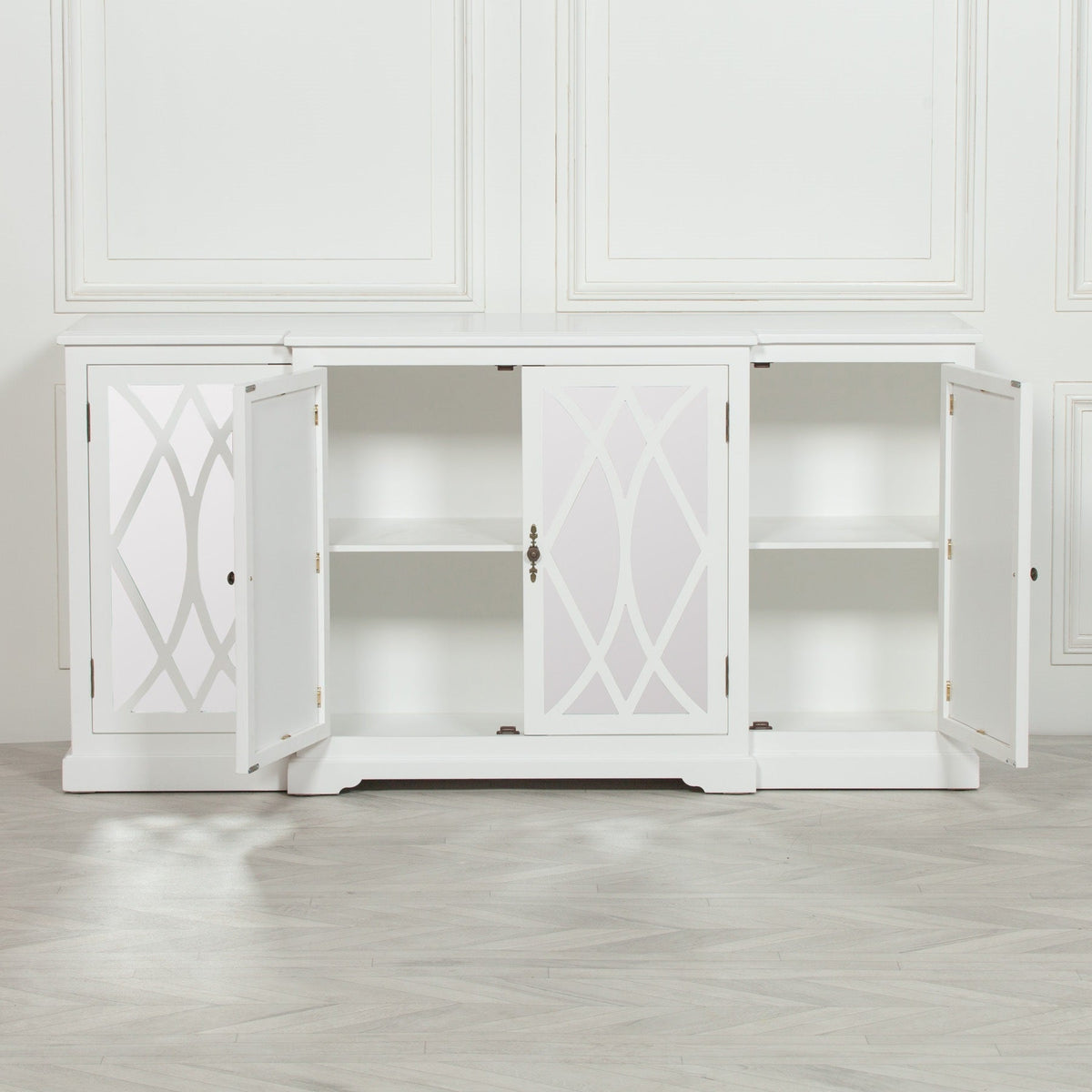 White Breakfront Sideboard with Mirrored 4-Door Ornate Front Buffets & Sideboards CasaFenix