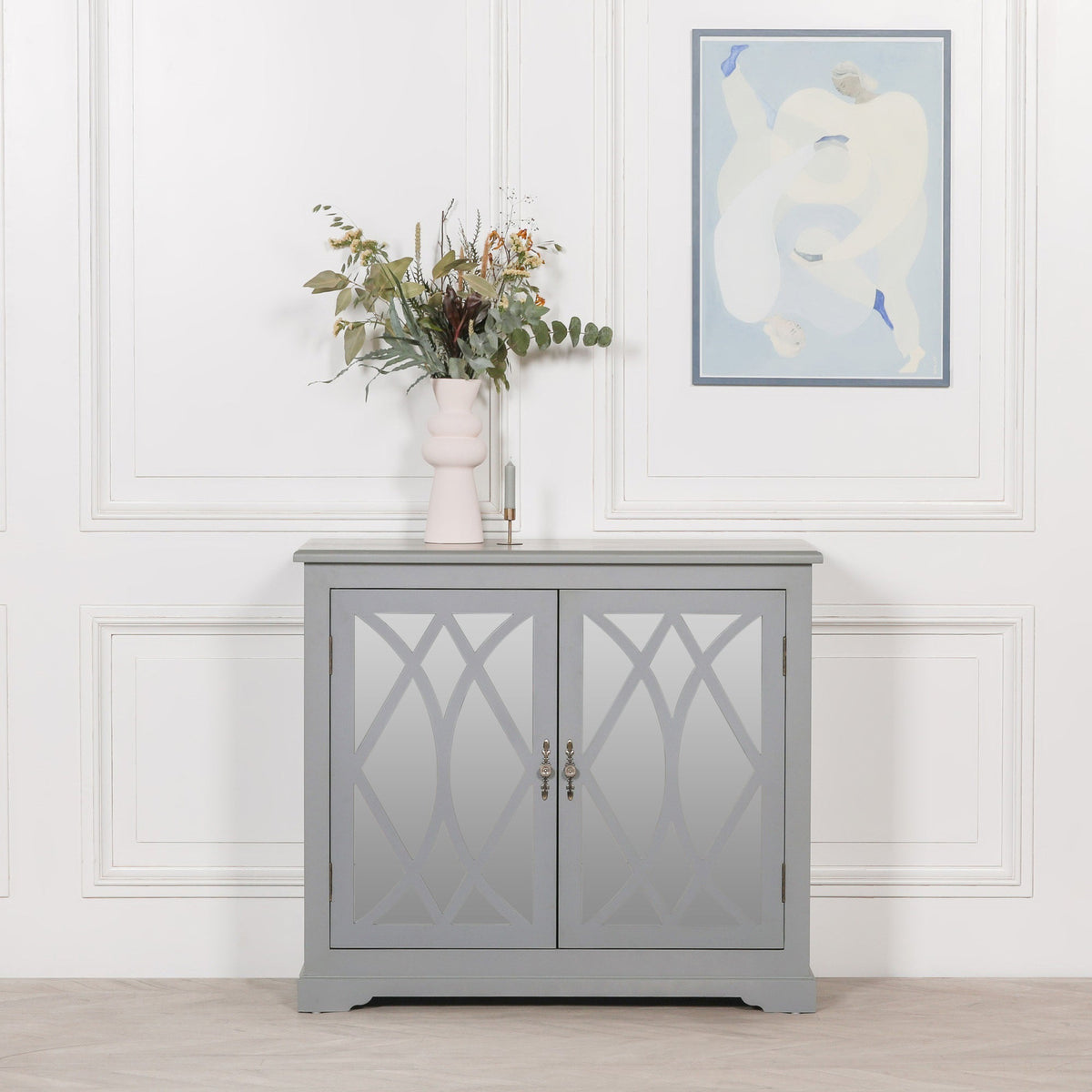 Grey Painted Ornate Mirrored 2-Door Sideboard Cupboard Cupboard CasaFenix
