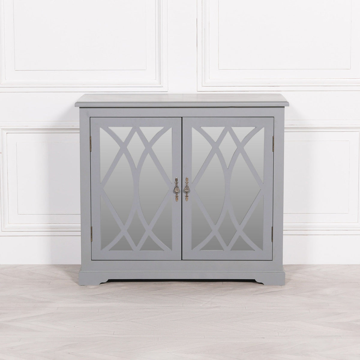 Grey Painted Ornate Mirrored 2-Door Sideboard Cupboard Cupboard CasaFenix