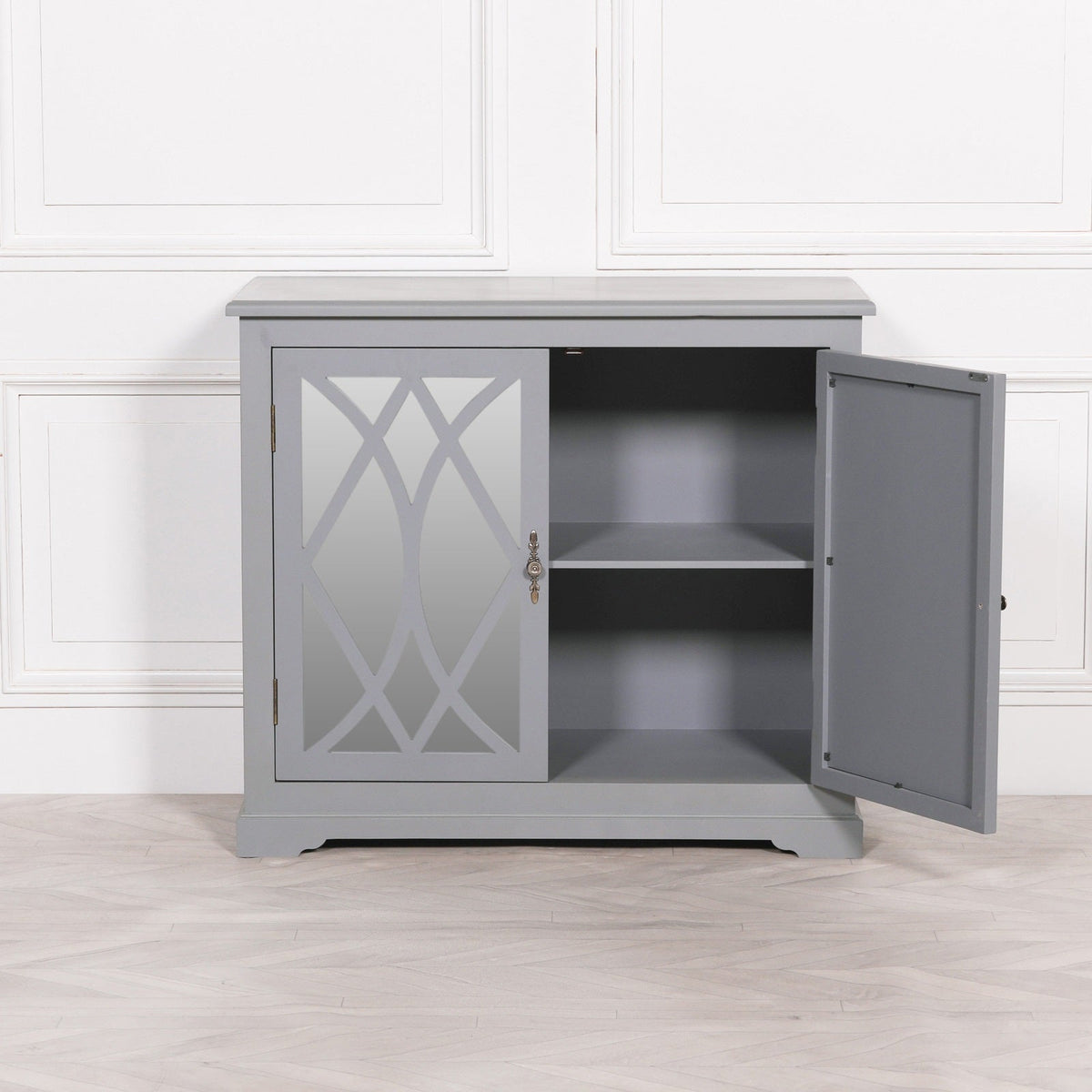 Grey Painted Ornate Mirrored 2-Door Sideboard Cupboard Cupboard CasaFenix